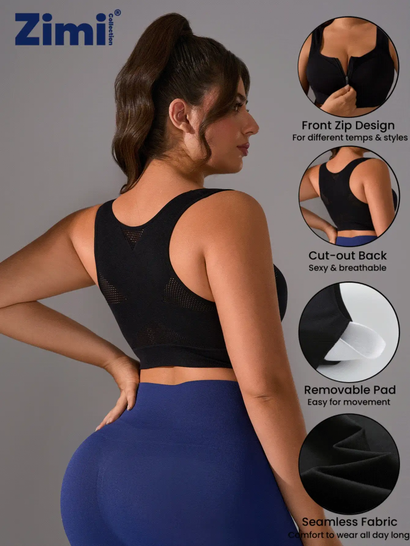 Zimi Collection 1pc Plus Size Women Seamless Wireless Padded Zipper Front Sports Bra, Comfortable Racerback Design For Outdoor, Cycling, Running, Yoga