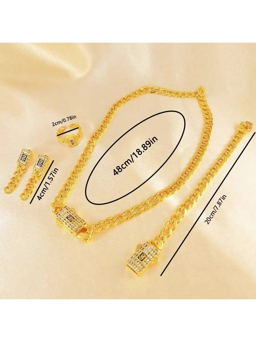 5pcs/Set Fashionable 18k Gold Zirconia Earrings, Necklace, Ring, Bracelet Set For Ladies, Ideal For Weddings, Parties, Birthdays, Holidays - Yellow Gold - View 5