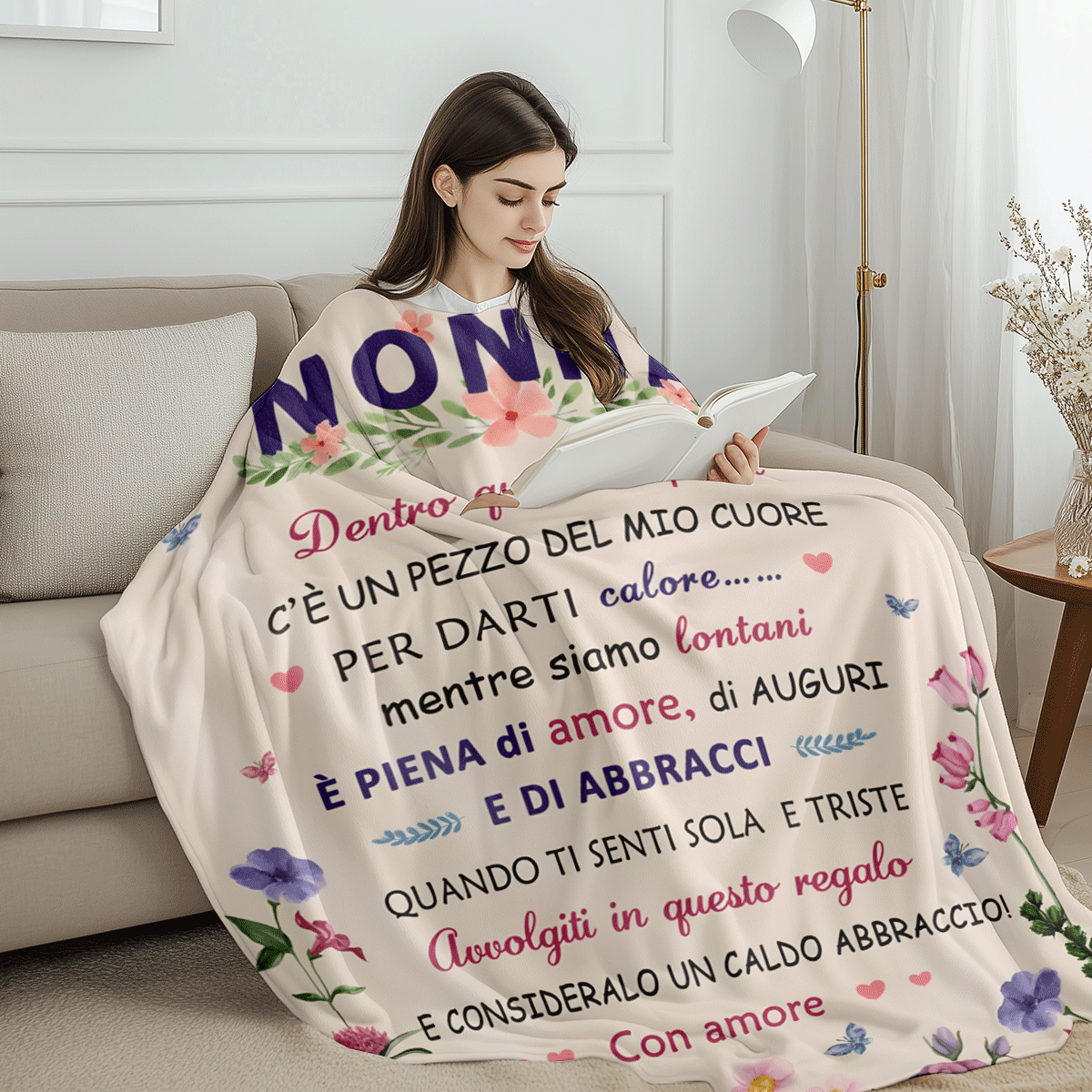 1 件意大利风格“NONNA”心形法兰绒毯子，一份传递温暖和爱的贴心礼物，法兰绒毯子，现代涤纶矩形毯子，适合多种场合 - 彩色 - 查看 5