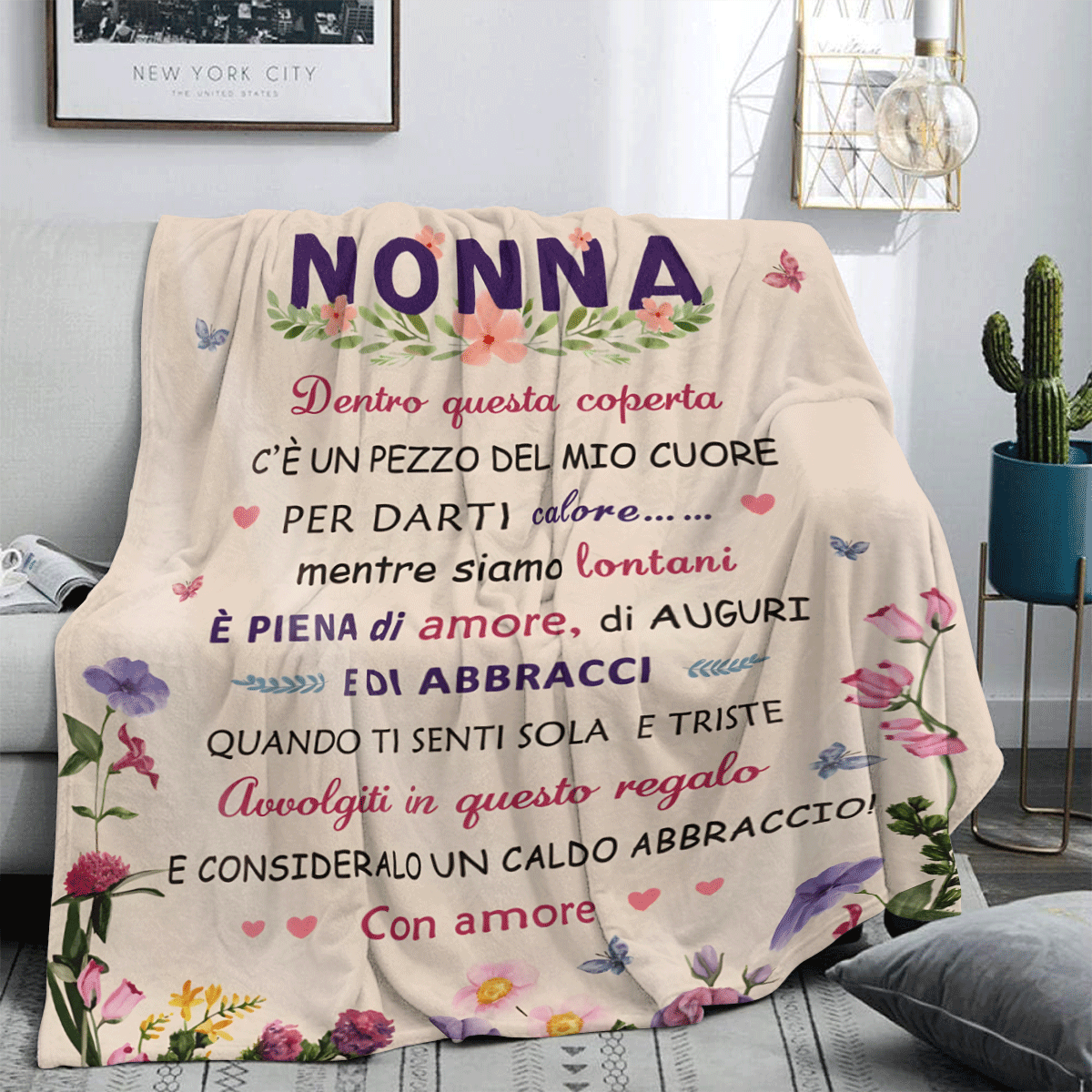 1 件意大利风格“NONNA”心形法兰绒毯子，一份传递温暖和爱的贴心礼物，法兰绒毯子，现代涤纶矩形毯子，适合多种场合 - 彩色 - 查看 2