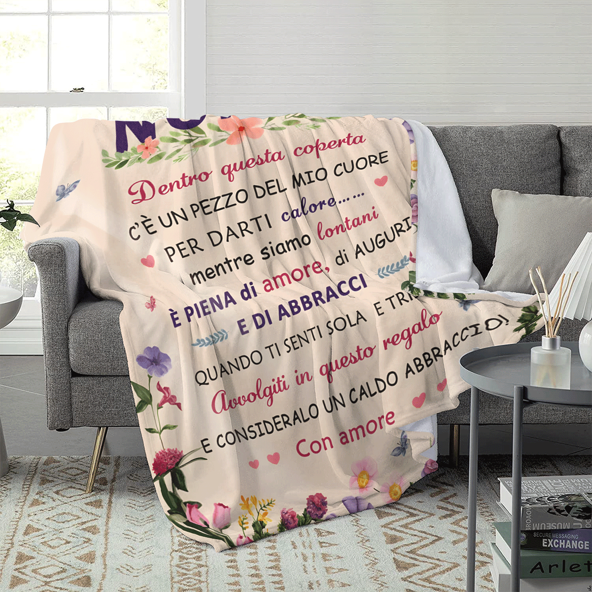 1 件意大利风格“NONNA”心形法兰绒毯子，一份传递温暖和爱的贴心礼物，法兰绒毯子，现代涤纶矩形毯子，适合多种场合 - 彩色 - 查看 4