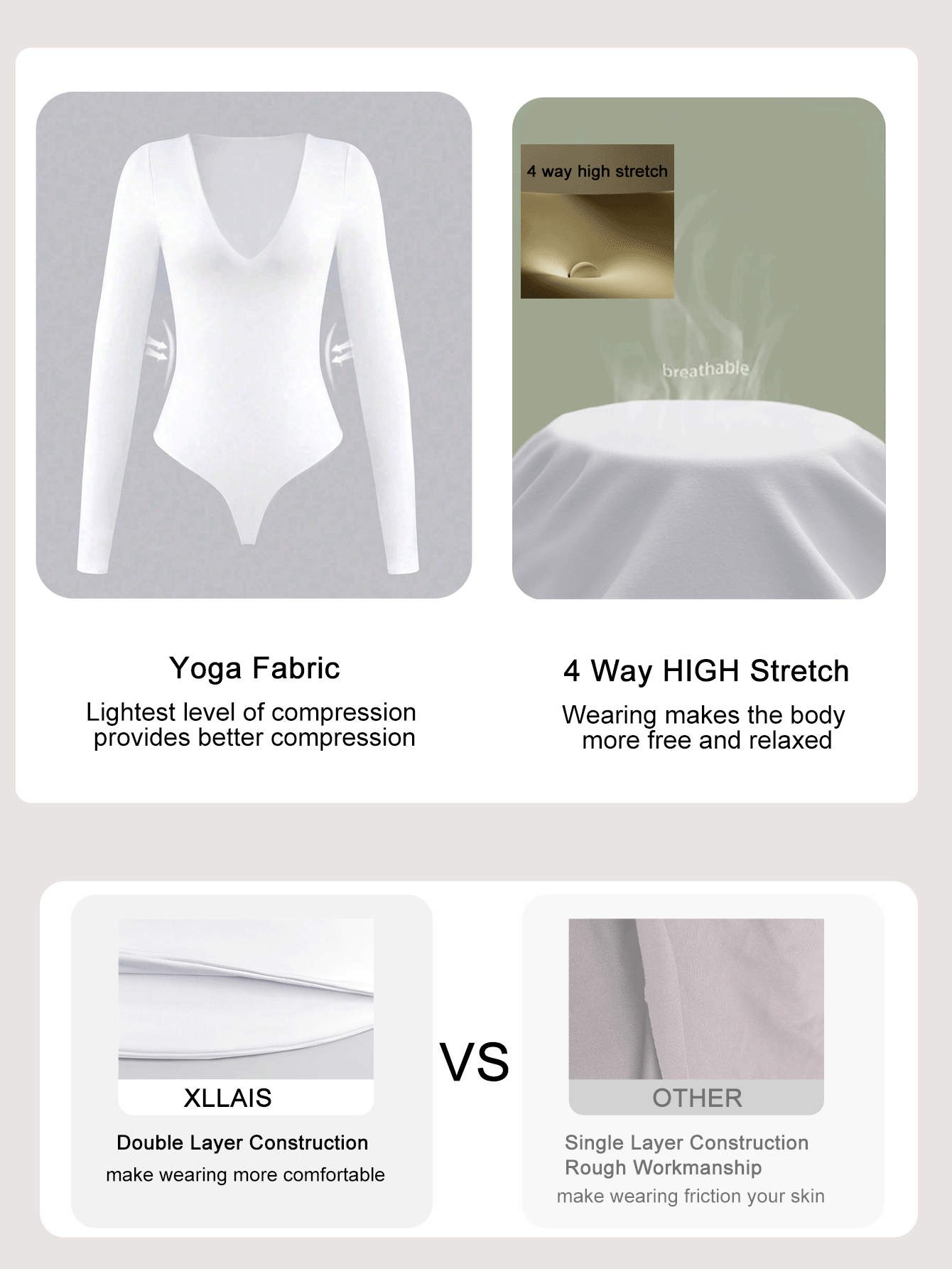 XLLAIS 2025 Höst Ny Sexig Djup V-ringad Tight Passande Basic Långärmad Vit Bodysuit, Dam Casual T-shirt För Dagligt Bruk - Vitt - Visa 3