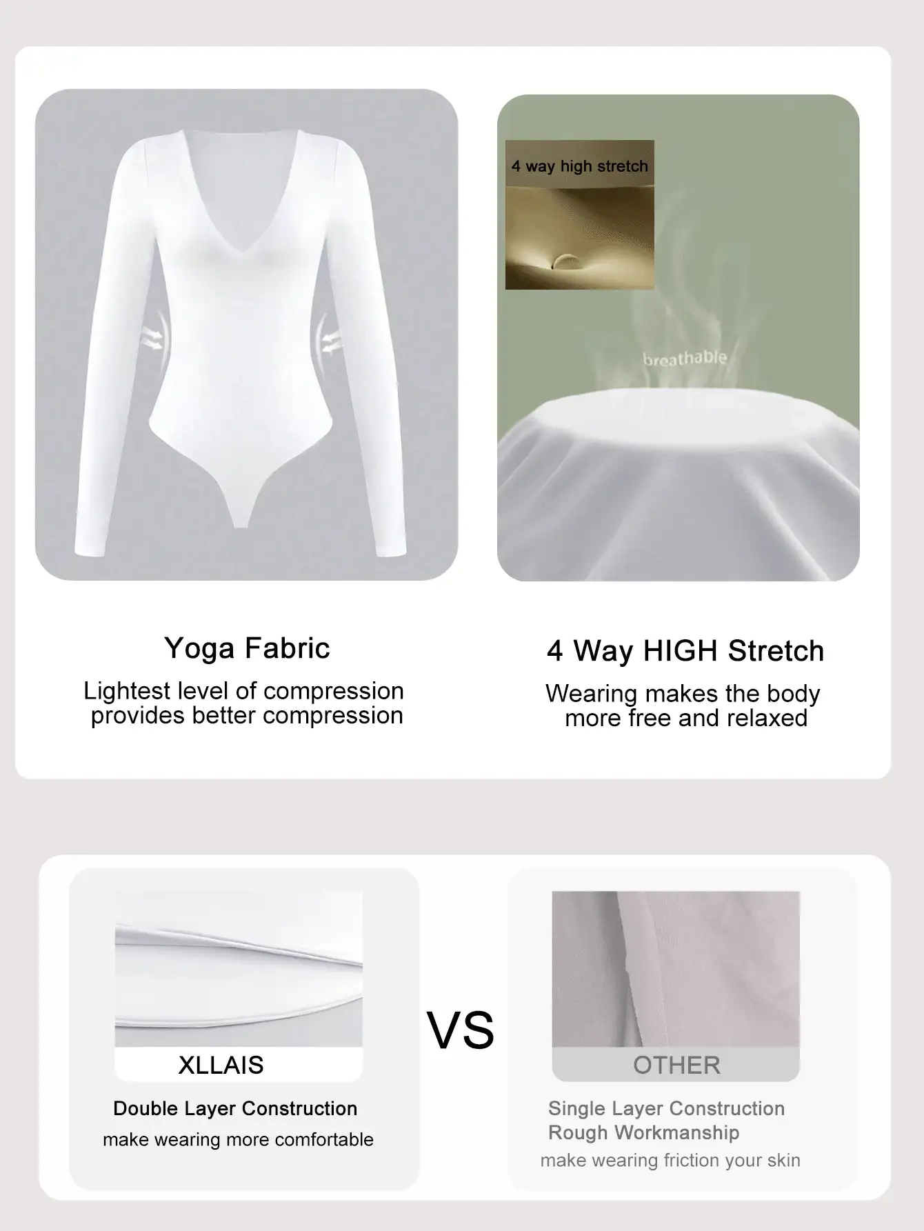 XLLAIS 2025 Autumn New Sexy Deep V-Neck Tight Fitting Basic Long Sleeve White Bodysuit, Women Casual T-Shirt For Daily Wear - White - View 3