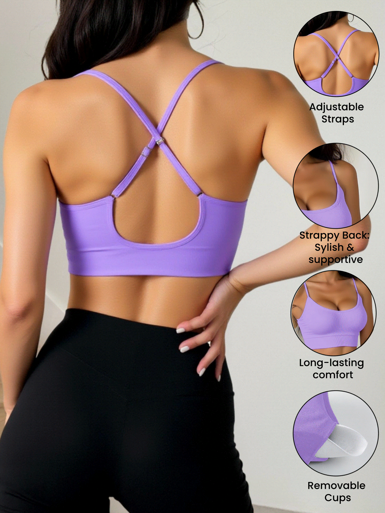 1pc Seamless Adjustable Criss Cross Strap Supportive Sports Bra, Com Tafel Removable Padded Wireless Yoga, Workout Exercise view 2