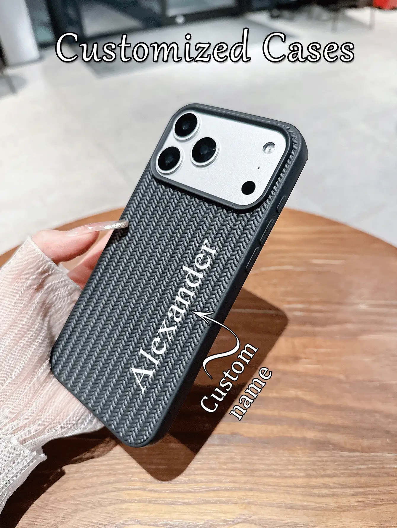 1pc Customized Name Fashionable & Elegant High-End Knitted Texture Black Phone Case Compatible With Apple 17 Pro Max/16 Pro Max/15 Pro/14 Plus/13 Pro/12 Pro Max/11 Pro Max/XR Max, Best Gift Choice For Family, Boyfriend, Girlfriend, Grandparents - Black - View 2