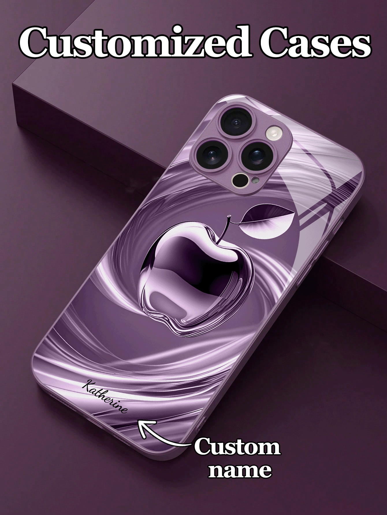 1个定制手机壳，紫色流线型苹果设计，钢化玻璃材质，兼容 17 Pro Max/17 Air/16/15/13/12/11/XS Max/6/7/8 Plus、S25 Ultra/S24 FE/S23 Plus/S22 Pro/S20/S21 FE，高端商务定制，时尚高清印刷保护壳，节日礼物，生日礼物，情侣、宠物、朋友、同学、女朋友、兄弟、家人，可爱手机壳 - 紫色 - 查看 2