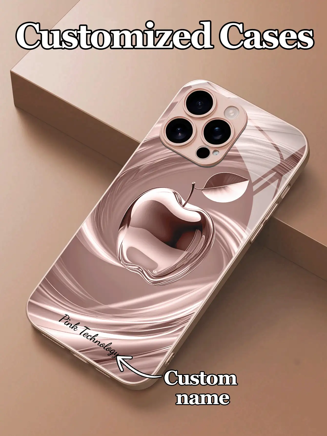 1pc Customized Text & Pink Tech-Inspired Apple Design Tempered Glass Phone Case, Compatible With IPhone 17 Pro Max/17 Air/16/15/13/12/11/XS Max/6 7 8 Plus, S25 Ultra/S24 FE/S23 Plus/S22 Pro/S20/S21 FE, High-End Business Customization, Fashion HD Printing Protective Cover, Holiday Gift, Birthday Gift, Couples, Pets, Friends, Classmates, Besties, Siblings, Family