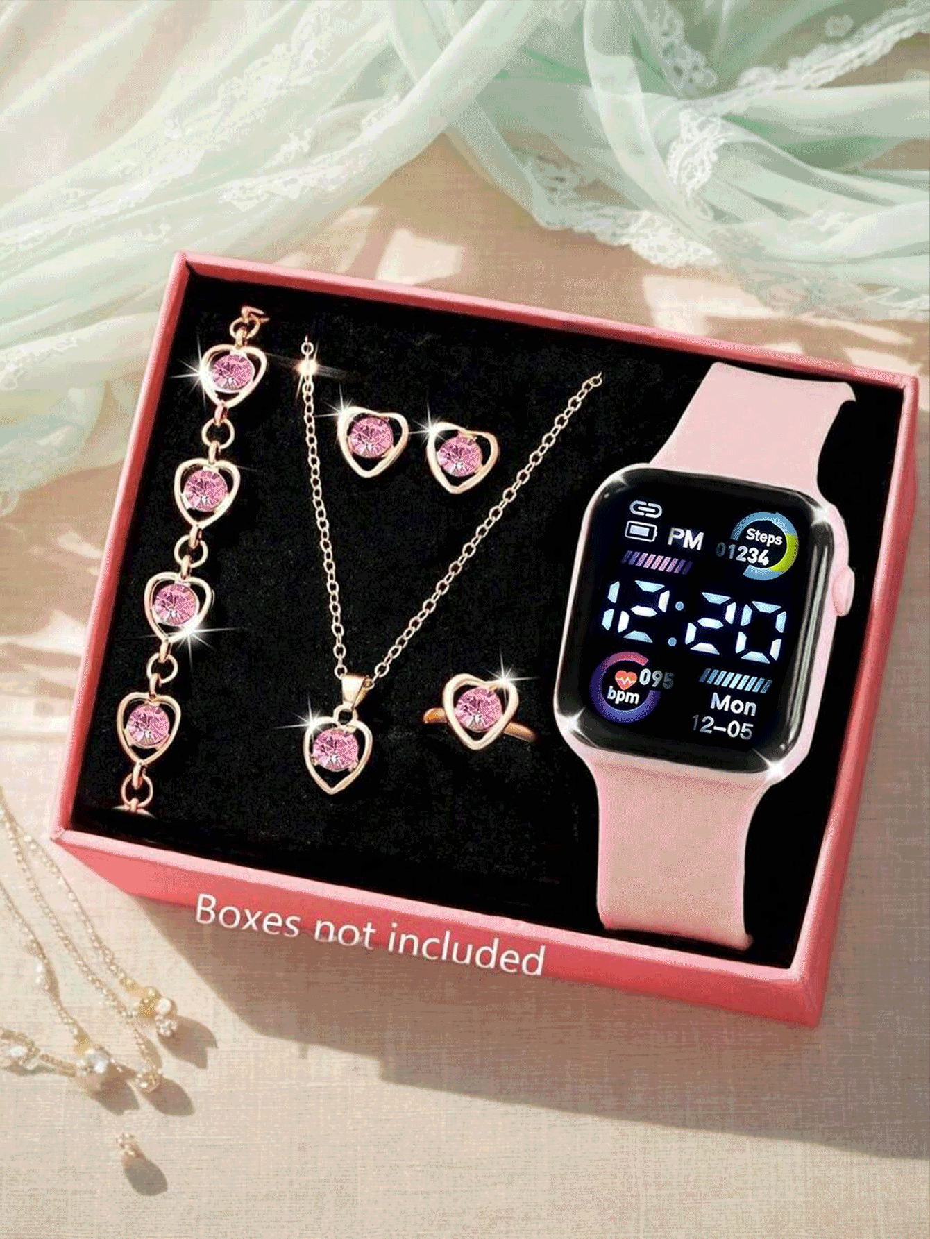 6pcs Women's Fashion Minimalist Quartz Watch Set Includes Bracelet, Necklace, Ring And Earrings. Square Dial And Silicone Strap Make It Suitable For Daily Wear, Lightweight And Convenient. It Is An Ideal Gift For Her, Also Suitable For Valentine's Day And Halloween. - Multicolor - View 2