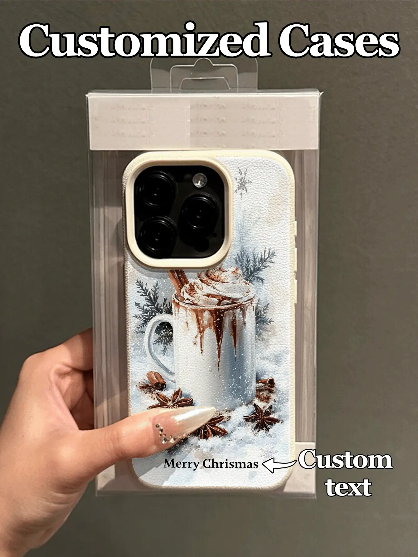 1个定制文字冬季雪景圣诞主题手机壳，带白色热饮杯图案 - 白色 - 查看 2