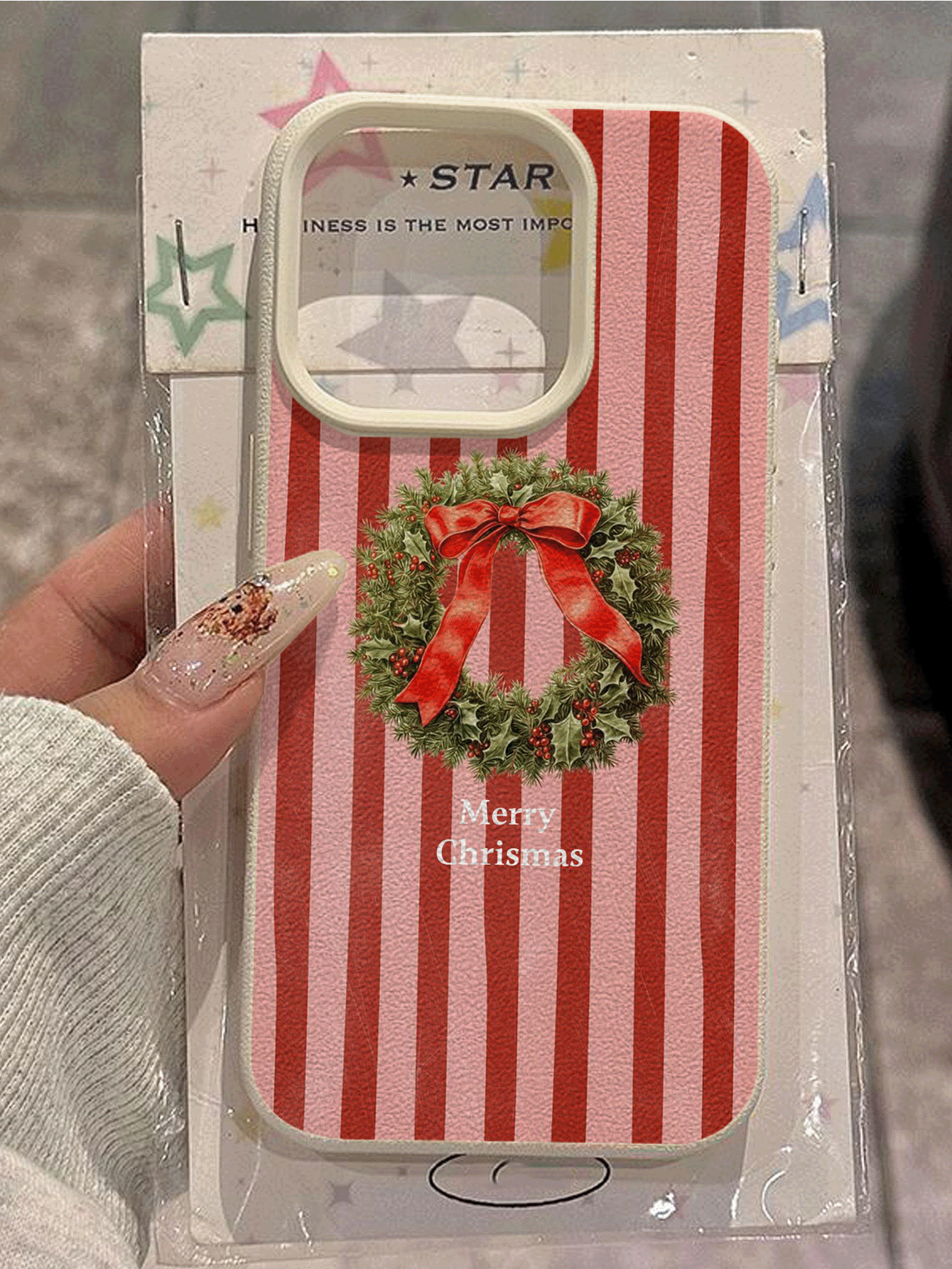 1pc Customizable Text Red & White Striped Red Bow Christmas Wreath Pattern Phone Case Protective Cover - White - View 3