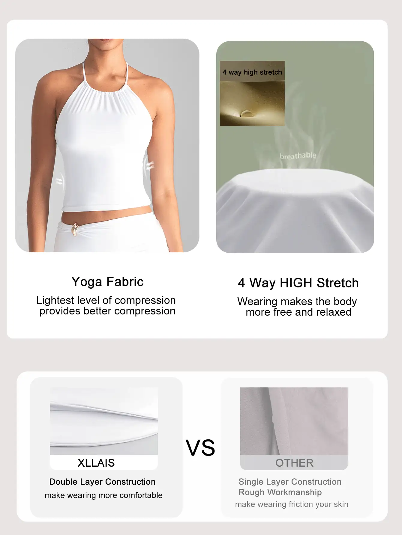 XLLAIS 女士四季皆宜性感无肩带基础款纯色弹力修身打结挂脖白色上衣 – 圣诞节和约会必备 - 白色 - 查看 3