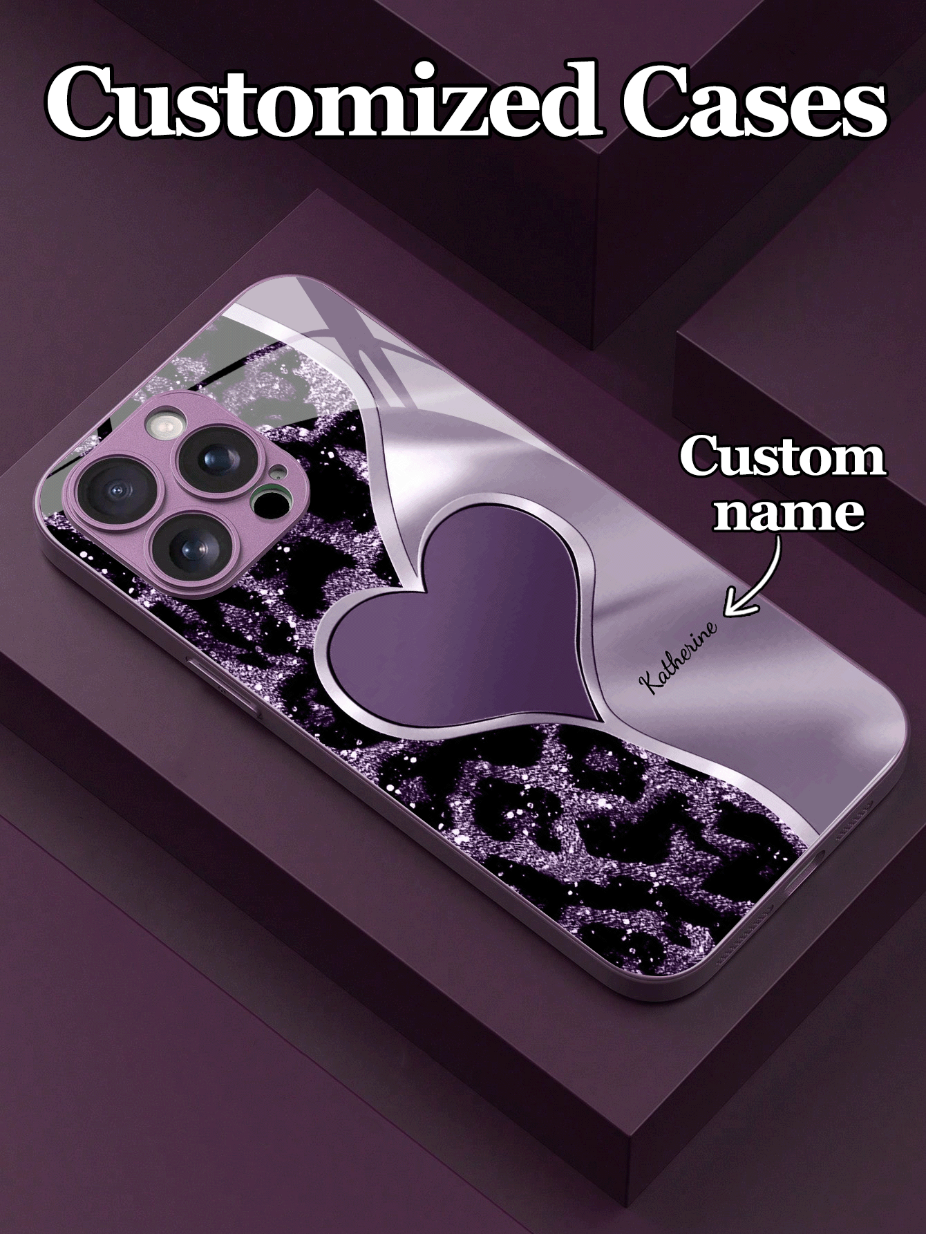 1pc Customizable Name With Purple Heart Leopard Print Design Tempered Glass Phone Case, Compatible With IPhone17 ProMax/17AIR/16 ProMax/15 Pro/14 Plus/13 Pro/12 Pro Max/11/Xs Max/8/7/6 Plus, S23PLUS/S24 Ultra/S25 Ultra /A55/A56/A32/A36, Personalized Fashion Gift For Friends And Family,Cute Phone Cases,International Version, Not The Domestic Version, Personalized Gift - Purple - View 3