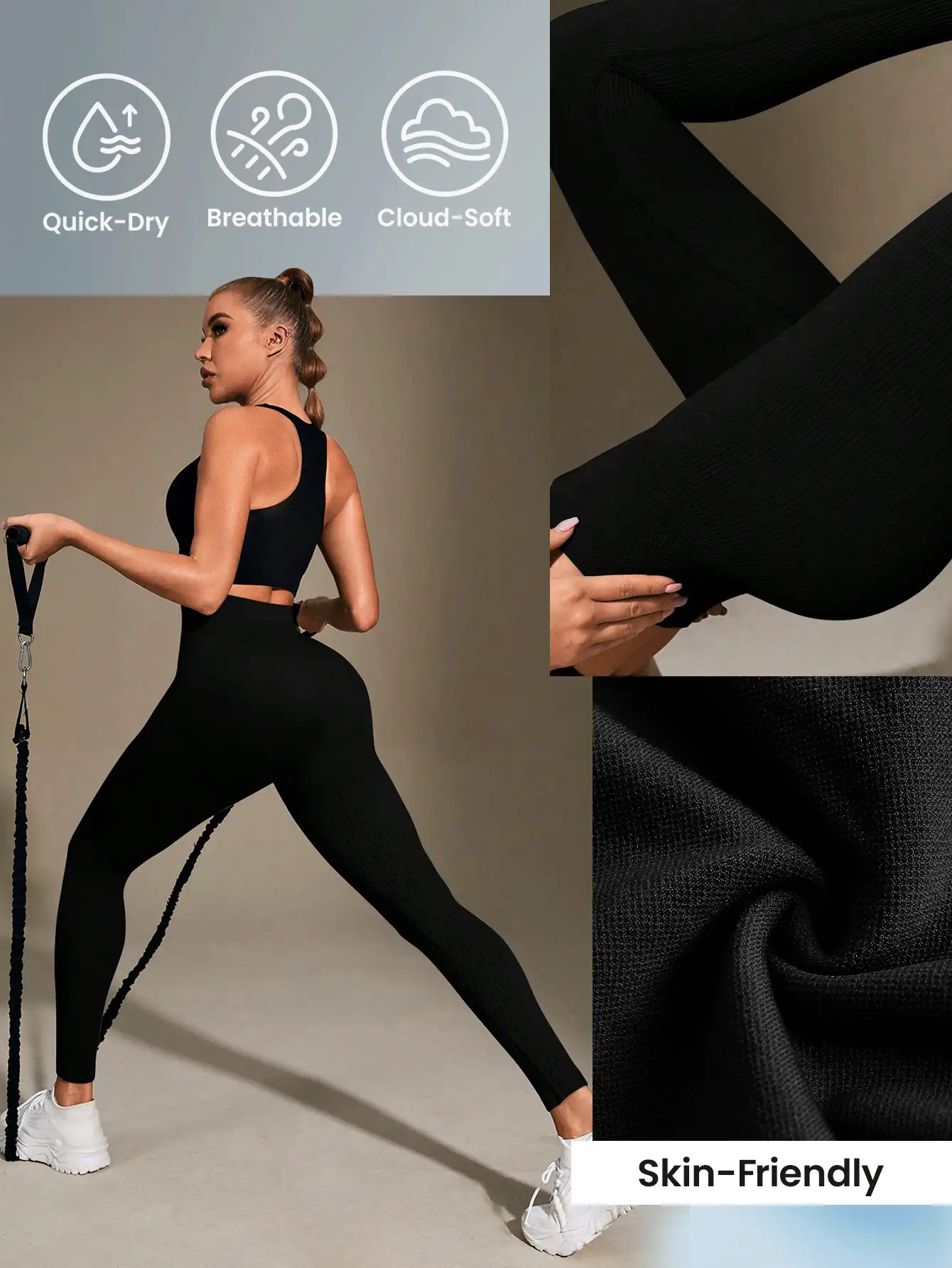 High Waisted Ribbed Seamless Slim Fit Women's Tight Pants - Yun Rou Two-Layer Skin Soft, Fast Drying, Breathable Four-Way Stretch, Running, Cycling, Yoga, Pickleball Sports Casual Pants, Black - màu đen - Xem 7