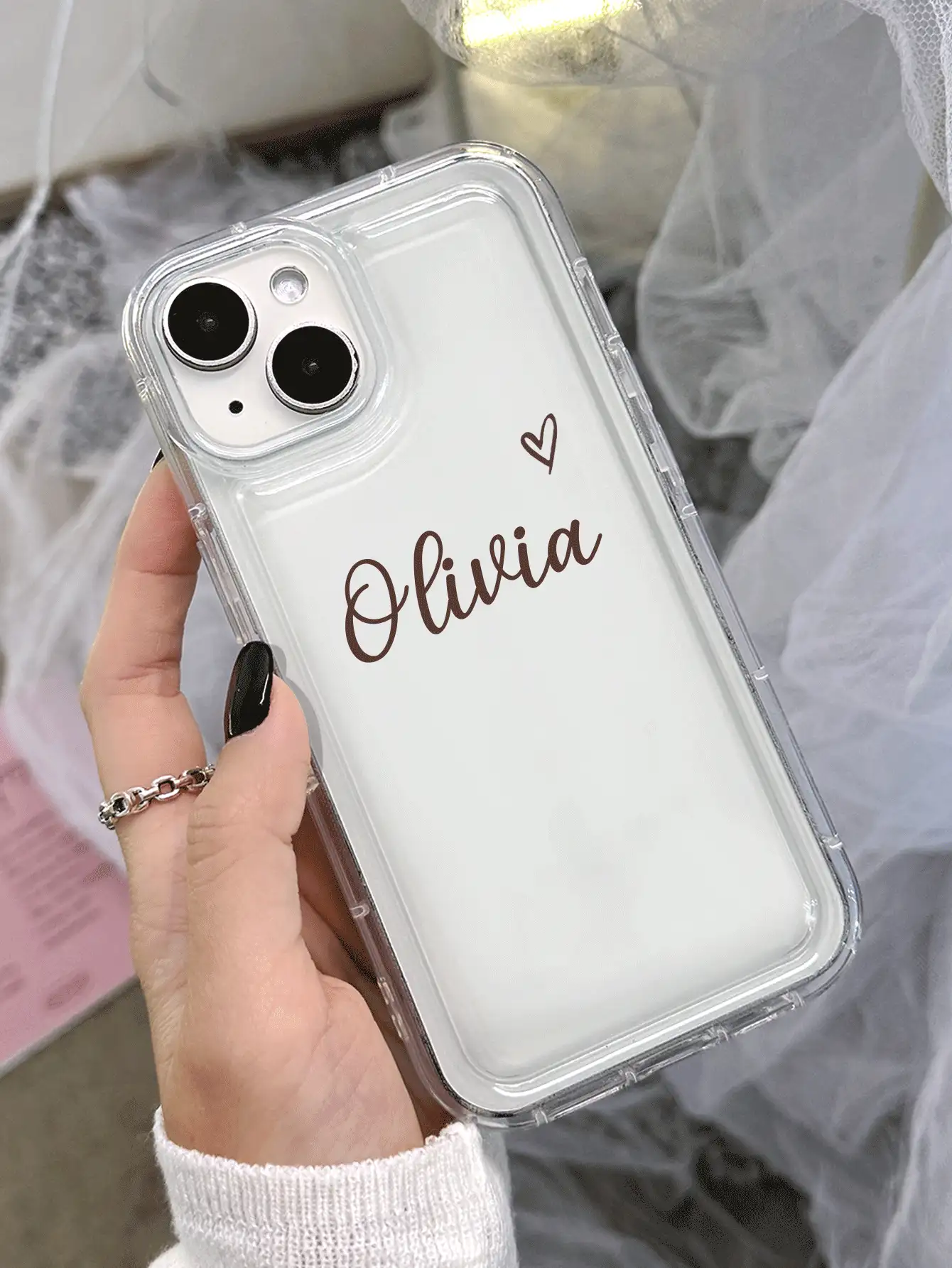 Ốp lưng điện thoại thiết kế chữ cái ngắn hình trái tim dễ thương, thời trang, trong suốt, có đệm khí, tương thích với iPhone 11 Pro/13 Pro/15 Pro Max, XR, 12, 13, 15, 16 Pro Max, phiên bản quốc tế, không phải phiên bản nội địa. - Trong sáng - Xem 2