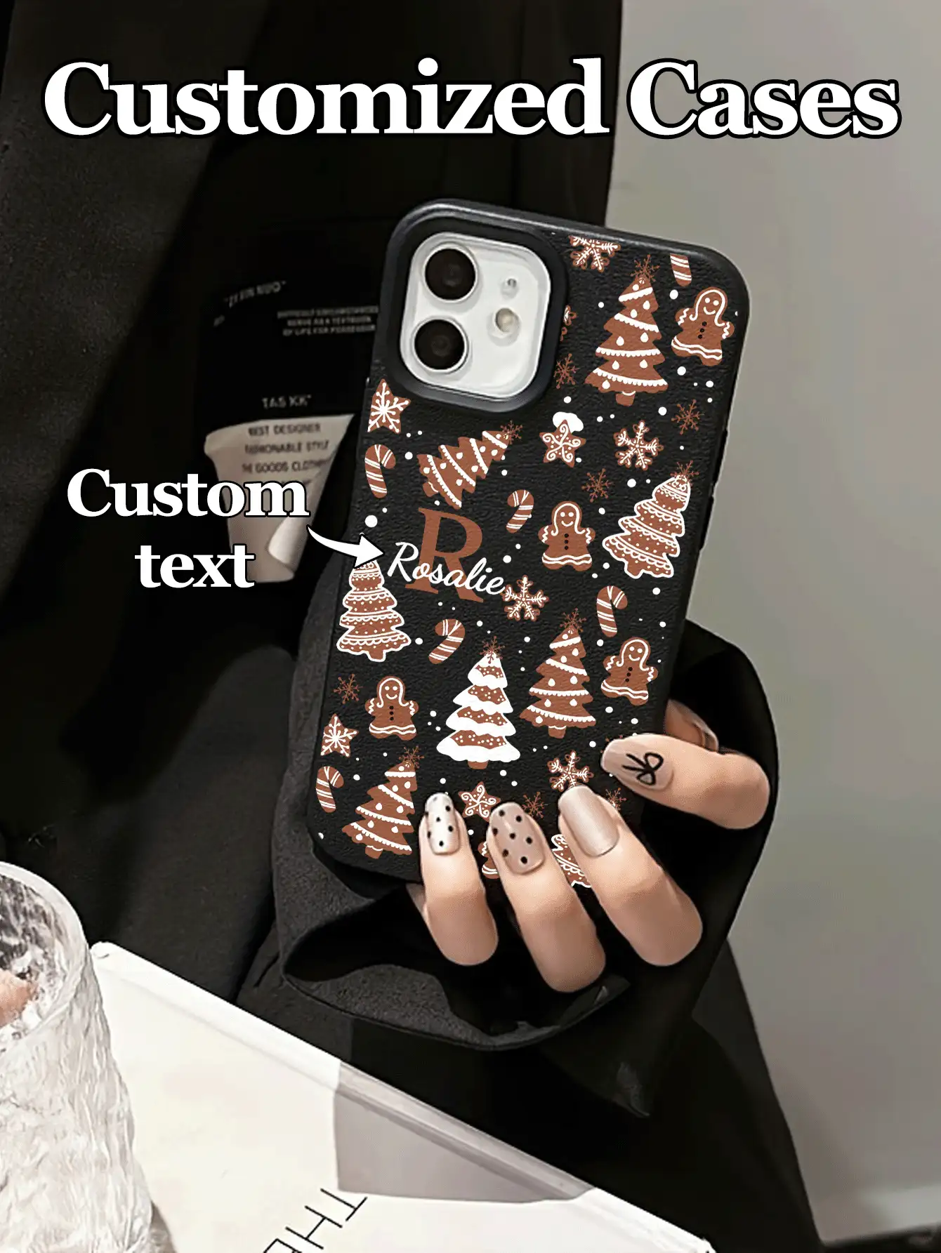 1pc Customizable Text & Letter Design Christmas Gingerbread Man Pattern Black Phone Case, Compatible With IPhone 17 Pro Max/17 Air/16E/16 Pro Max/15/14 Plus/13/12/11, S24/20 Ultra/A52S/A31 A21S/A13/A05S, Compatible With Redmi Note 13 Pro Plus/Note 10/Note 12C/Note 13C, Made Of TPU Material, Fashionable, Anti-Drop, Full Of Holiday Atmosphere, Best Gift For Family And Friends,International Version, Not The Domestic Version - Black - View 3