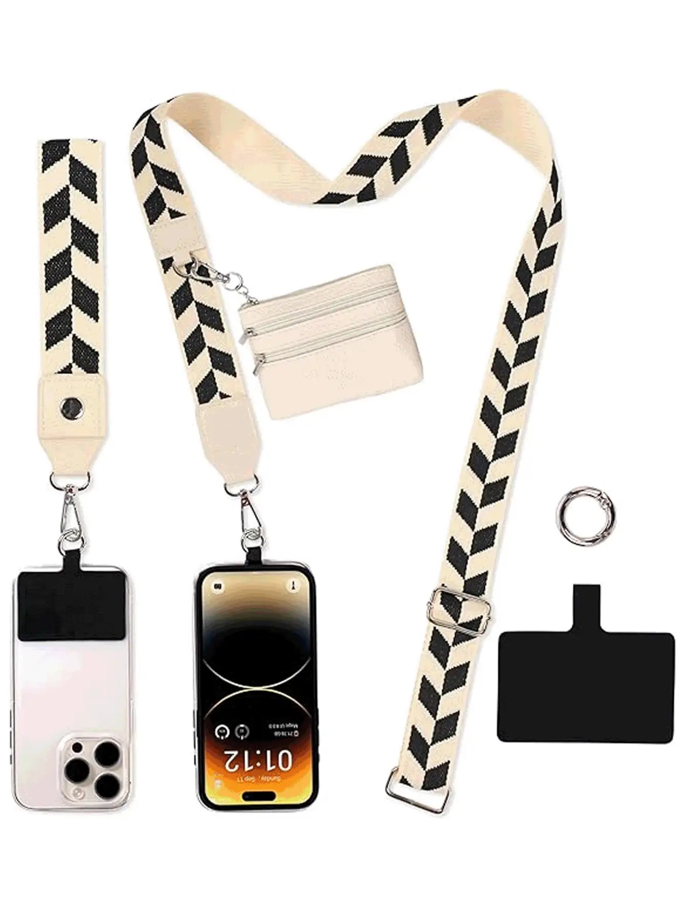 带拉链口袋的手机挂绳，手机挂绳，拯救女孩手机挂绳带钱包，防摔手机壳带拉链挂绳，钱包卡槽，可调节斜挎手机挂绳，斜挎包手机挂绳带肩带，肩背或腕背手机挂绳。送给母亲、家人、朋友的礼物，生日、节日手机挂饰，手机链 - 黑色 - 查看 3