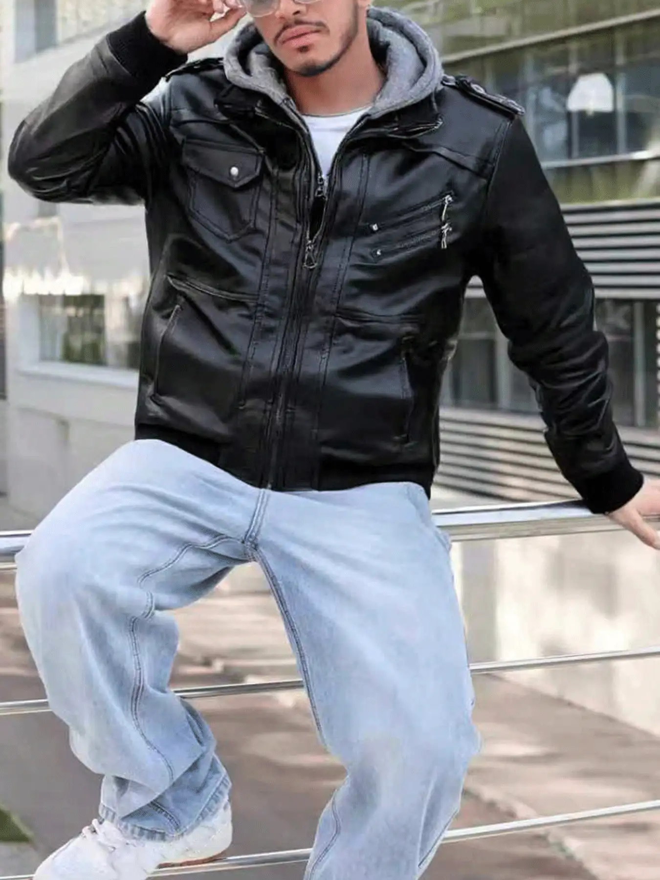 Men Long Sleeve Zip Up Hooded PU Leather Jacket, For Fall Winter