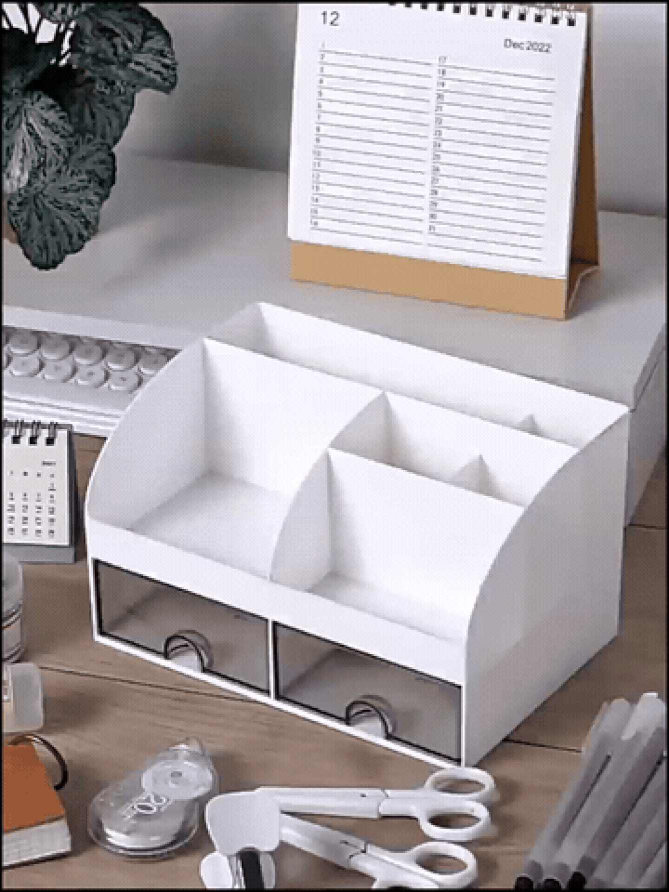 Organizador de escritorio de plástico con 6 compartimentos y 2 cajones, organizador de maquillaje y cosméticos, portaplumas, útiles escolares, para el hogar y la oficina, decoración de habitaciones, joyero - Multicolor - Añade 2