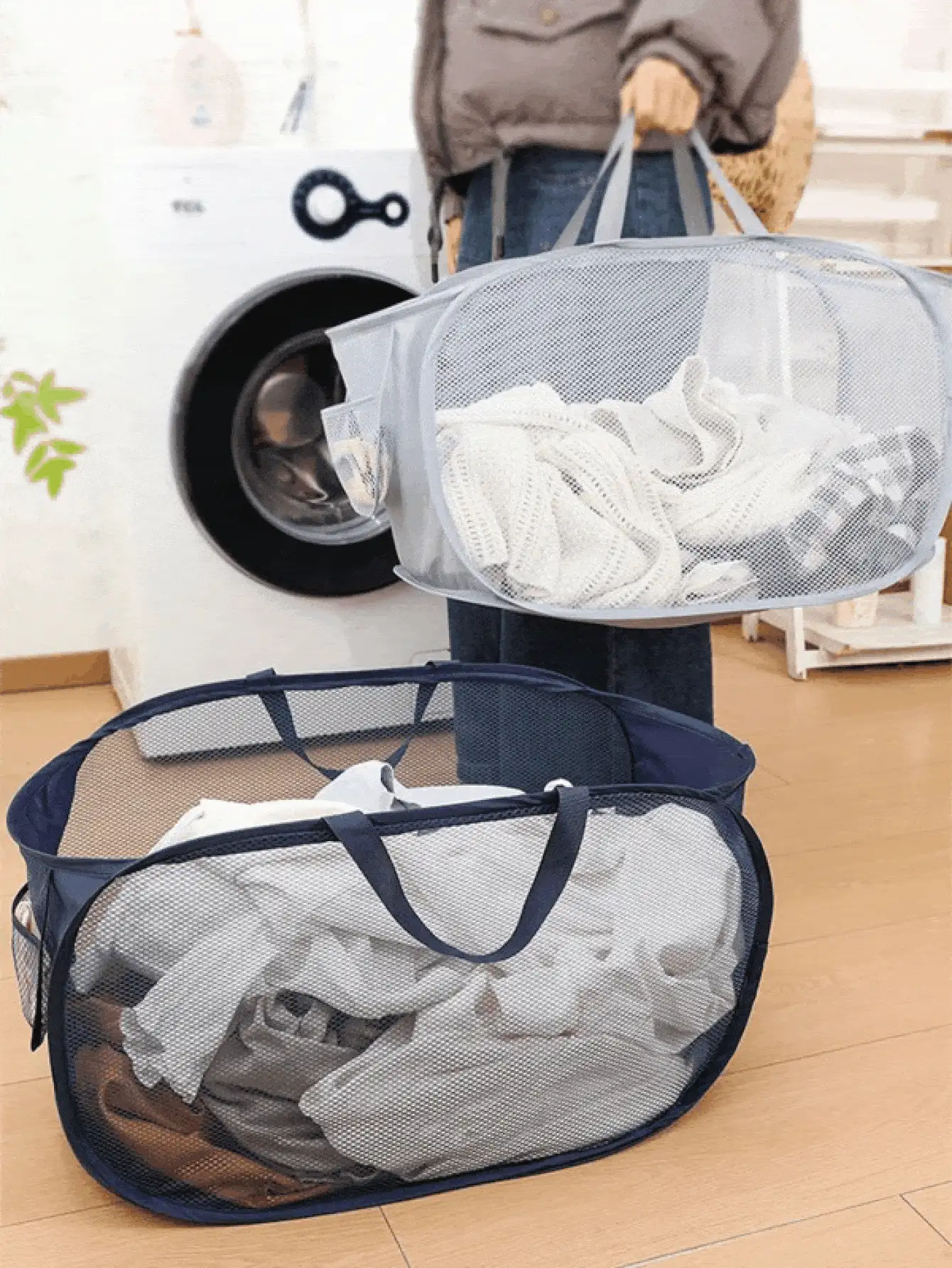 可折叠洗衣篮，多功能网状洗衣篮 - 可折叠，耐用，适合存放衣物和玩具 - 家用收纳，大容量洗衣篮，浴室收纳篮，多种颜色可选，也可用于学校收纳、户外野餐收纳、海滩收纳。 - 彩色 - 查看 3