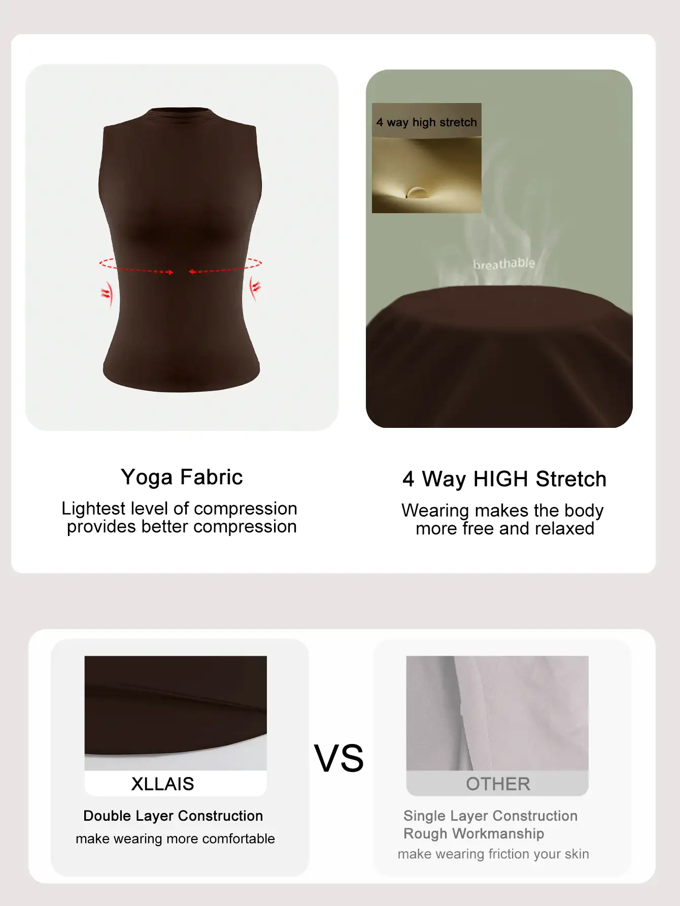 XLLAIS 圆领无袖纯色打底衫，双层弹力修身T恤