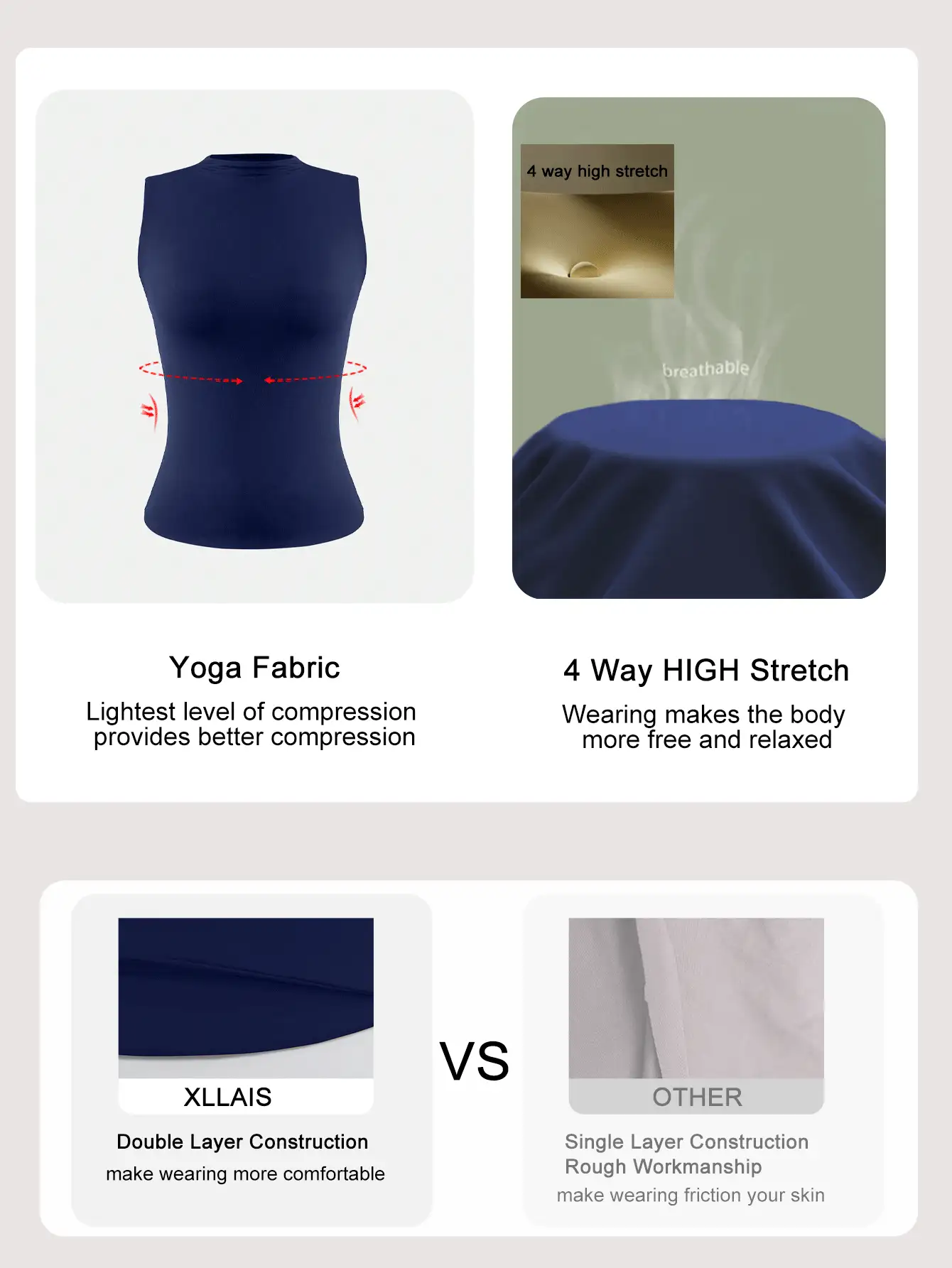 XLLAIS 圆领无袖纯色打底衫，双层弹力修身T恤