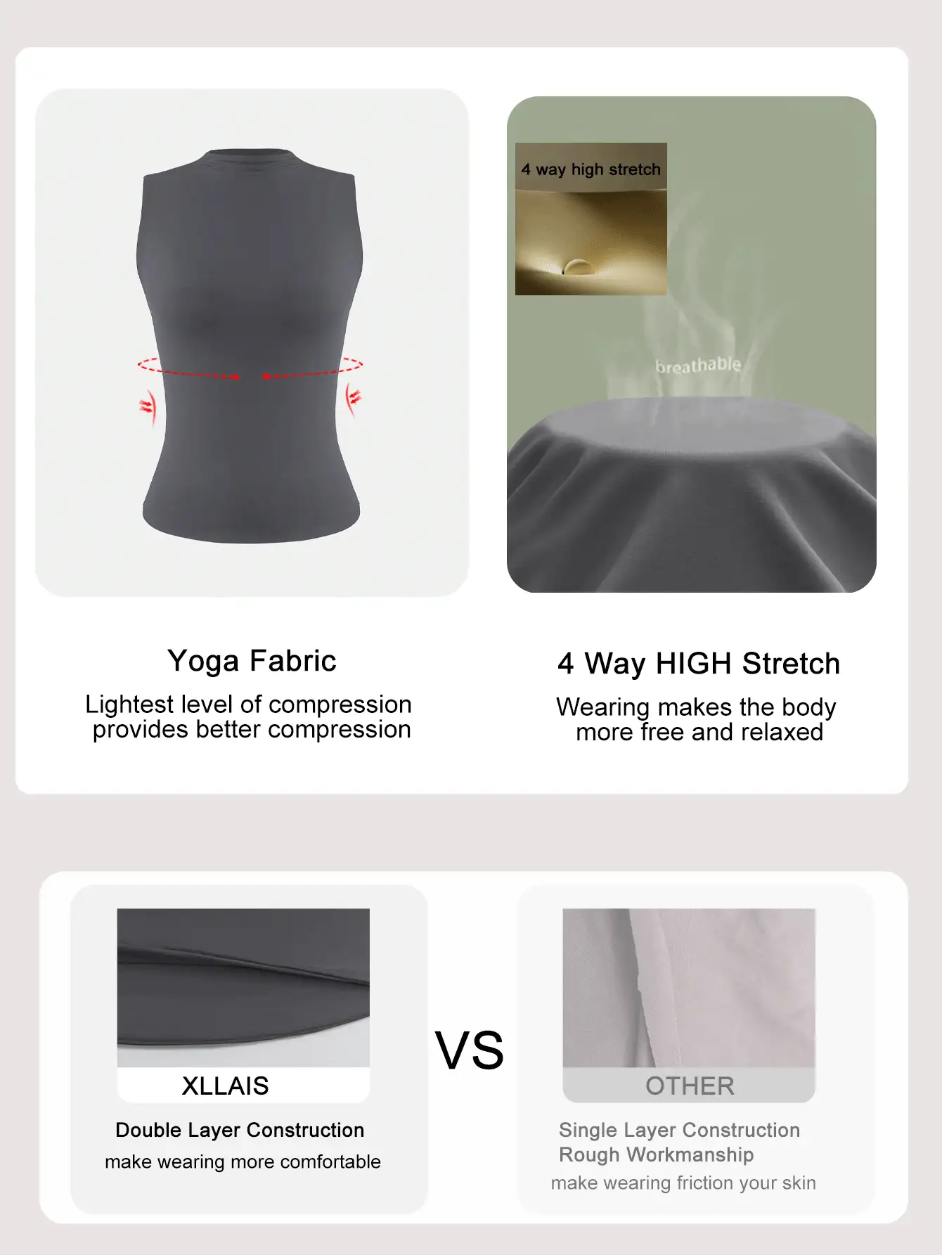 XLLAIS Crew Neck Sleeveless Solid Color Undershirt, Double-Layer Stretchy Slim Fit T-Shirt Casual Summer - Dark Grey - View 3