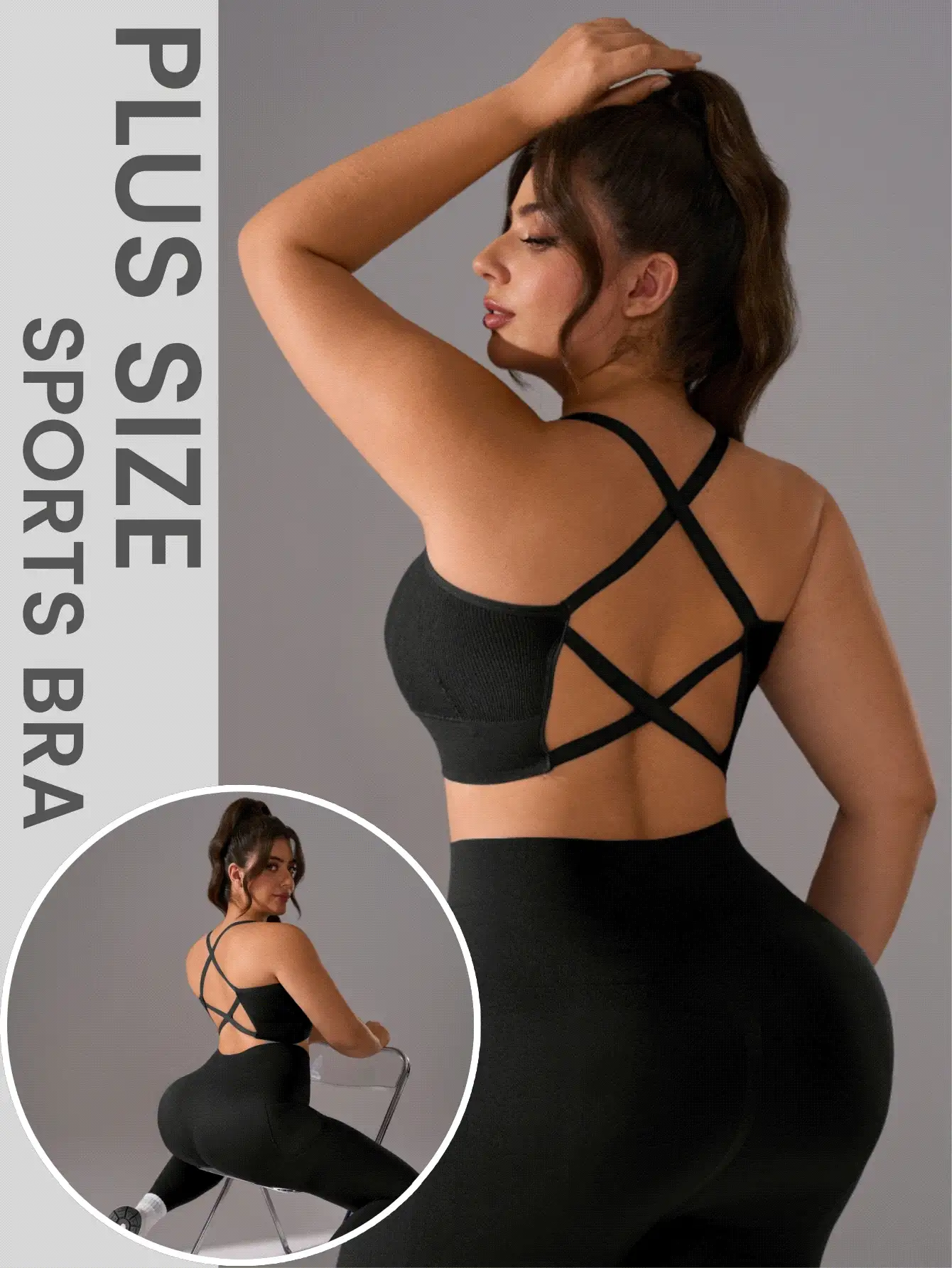Zimi Collection 1件大码女士无缝纯棉运动文胸吊带背心,尺码1XL-5XL,黑色,可拆卸胸垫,交叉后背设计,适合健身、瑜伽、跑步 - 黑色 - 查看 2