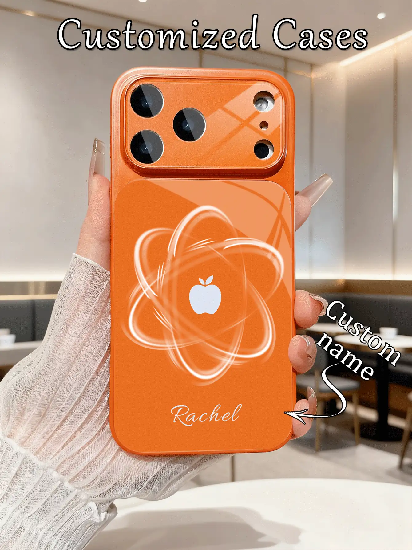 1 pieza Funda personalizada con nombre para iPhone 17, con patrón de modelo de estructura atómica, material de vidrio de titanio naranja, compatible con iPhone 17 Pro Max/16 Pro Max/15 Pro/14 Plus/13 Pro Max, accesorio adecuado para familia, amigos y parejas - Naranja - Ver 2