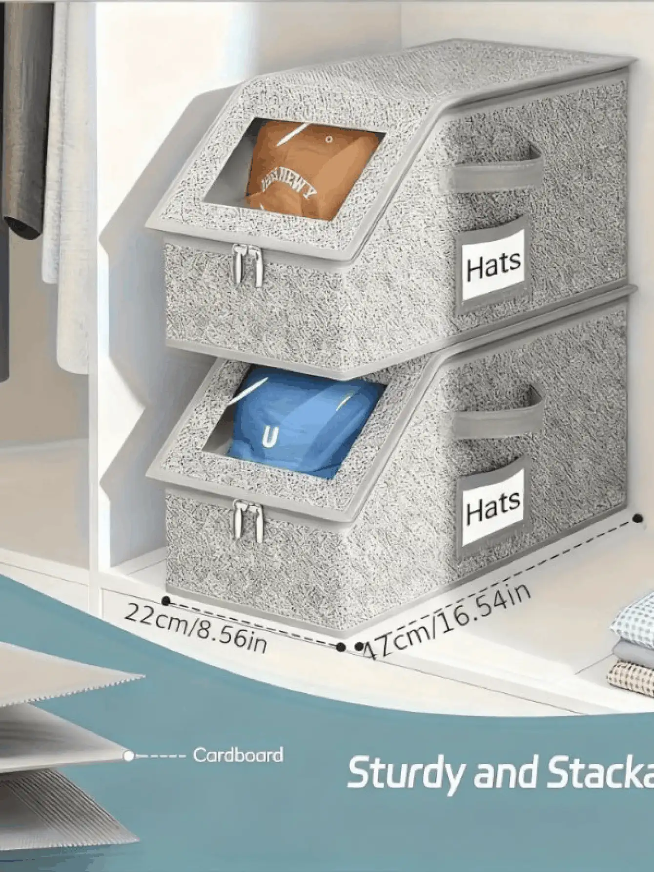 多功能防尘拉链布艺收纳盒，大容量可折叠衣柜整理盒。可堆叠收纳棒球帽、帽子、衣物。情人节礼物。毛绒玩具 - 白色带红色标签，是衣柜整理收纳的理想之选。送给女性的礼物。 - 彩色 - 查看 3