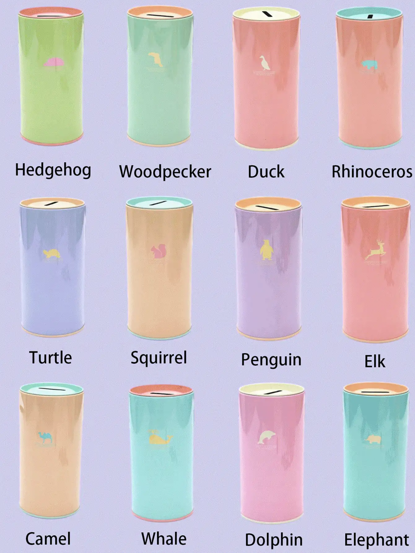 圆形金属小猪存钱罐，饰有多色动物图案（例如羚羊、大象、海豚），也可作笔筒使用，适合学生、返校季、毕业季、办公桌装饰，也是情人节、斋月期间的绝佳礼物。 - 彩色 - 查看 3