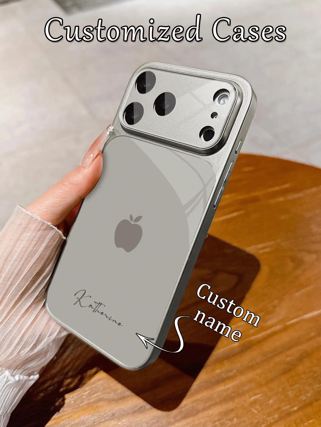 1pc Customized Minimalist Gray Apple Design Luxury Fashion Large View Tempered Glass With Lens Protection Matte Anti-Drop Phone Case, Compatible With IPhone 17/17Pro/17ProMax/17Air/16/16Pro/16ProMax/16Plus/15/15Plus/15Pro/15ProMax/14/14Plus/14Pro/14ProMax/13/13Pro/13ProMax/12/11 Phone Accessories, Full Coverage High-End Protective Cover - Light Grey - View 5