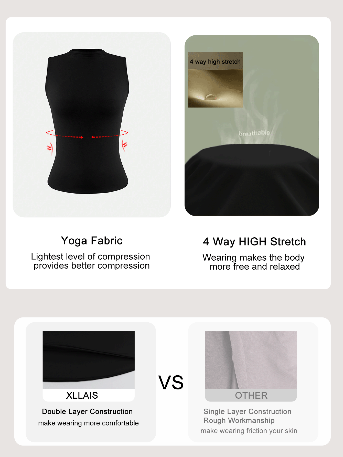 XLLAIS Crew Neck Sleeveless Solid Color Undershirt, Double-Layer Stretchy Slim Fit T-Shirt - Black - View 3