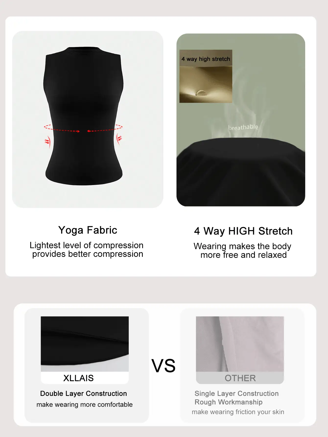 XLLAIS Crew Neck Sleeveless Solid Color Undershirt, Double-Layer Stretchy Slim Fit T-Shirt - Black - View 3