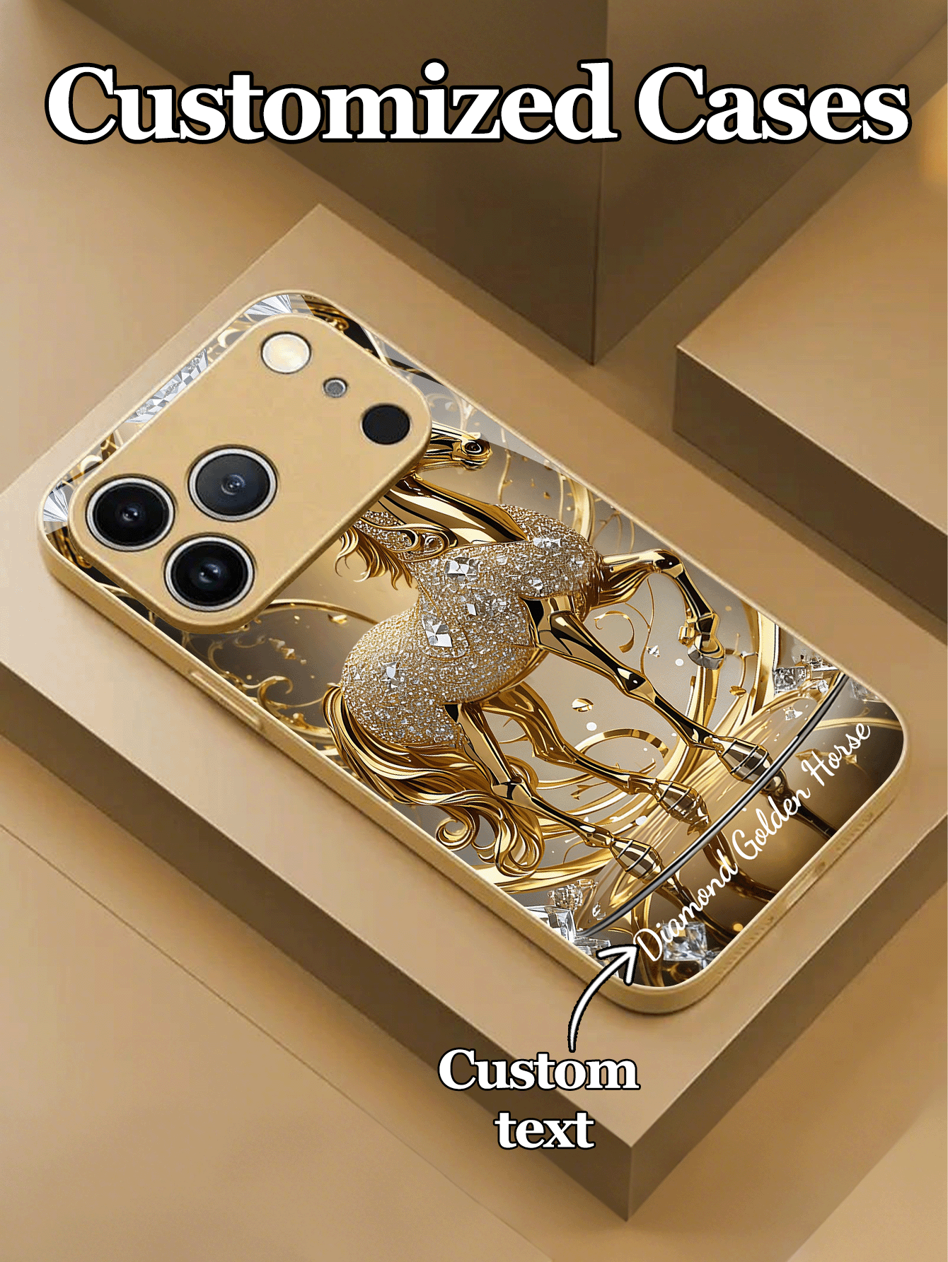 1pc Customizable Phone Case With Luxury Diamond Gold Horse Design, Tempered Glass Material, Compatible With Iphone 17 Air/16 ProMax/15 Pro/14 Plus/13 Pro/12 Pro Max/11/Xs Max/8/7/6 Plus, S24 Ultra/S25 Ultra/A12, Elegant Luxury Minimalist Design, Creative Personalized Durable Protective Case, Gift - Gold - View 2