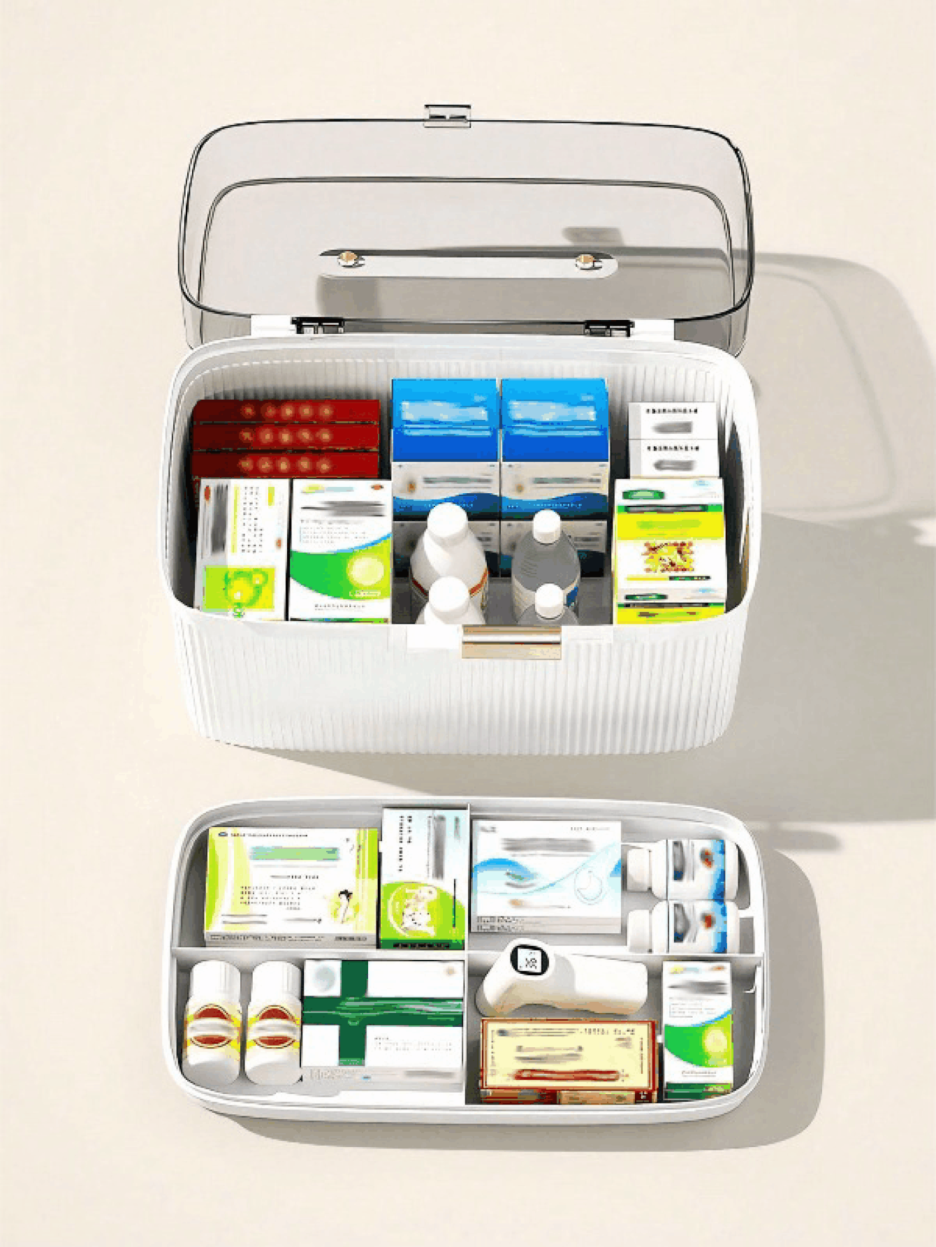 多层家庭/宿舍药品收纳盒，急救药品整理盒，紧凑型大容量带隔板药品收纳盒，全套医疗用品多功能急救包 - 白色 - 查看 2