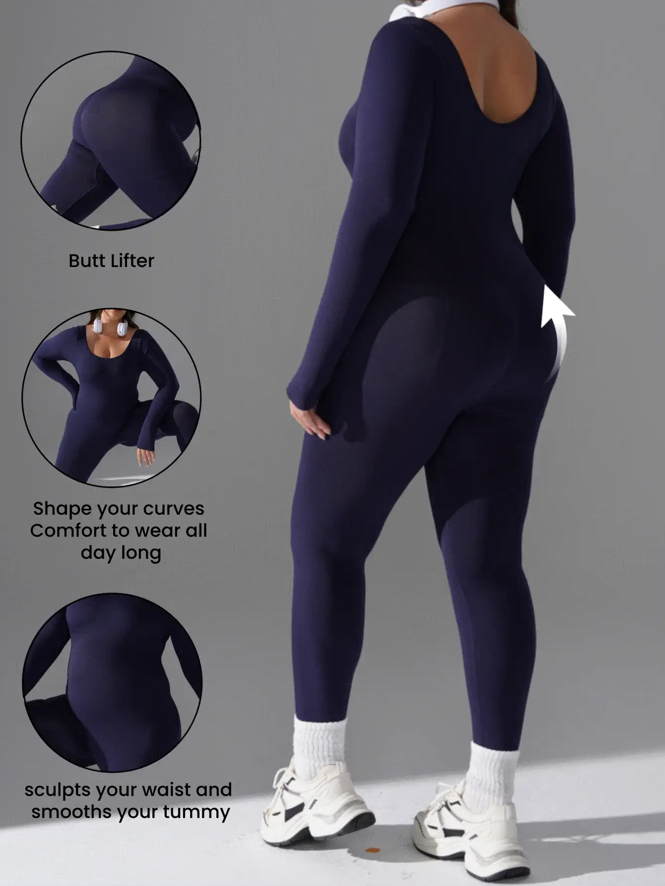 1 Stück Shapewear Jumpsuit in Große Größen für Damen, nahtlos, einfarbig, Rundhalsausschnitt, bequem, modischer, hautfreundlicher Langarm Yoga Jumpsuit, formt die Figur, schlankt die Taille, hebt den Po, geeignet für Yoga, Sport und Workout - marineblau - Übersicht 3