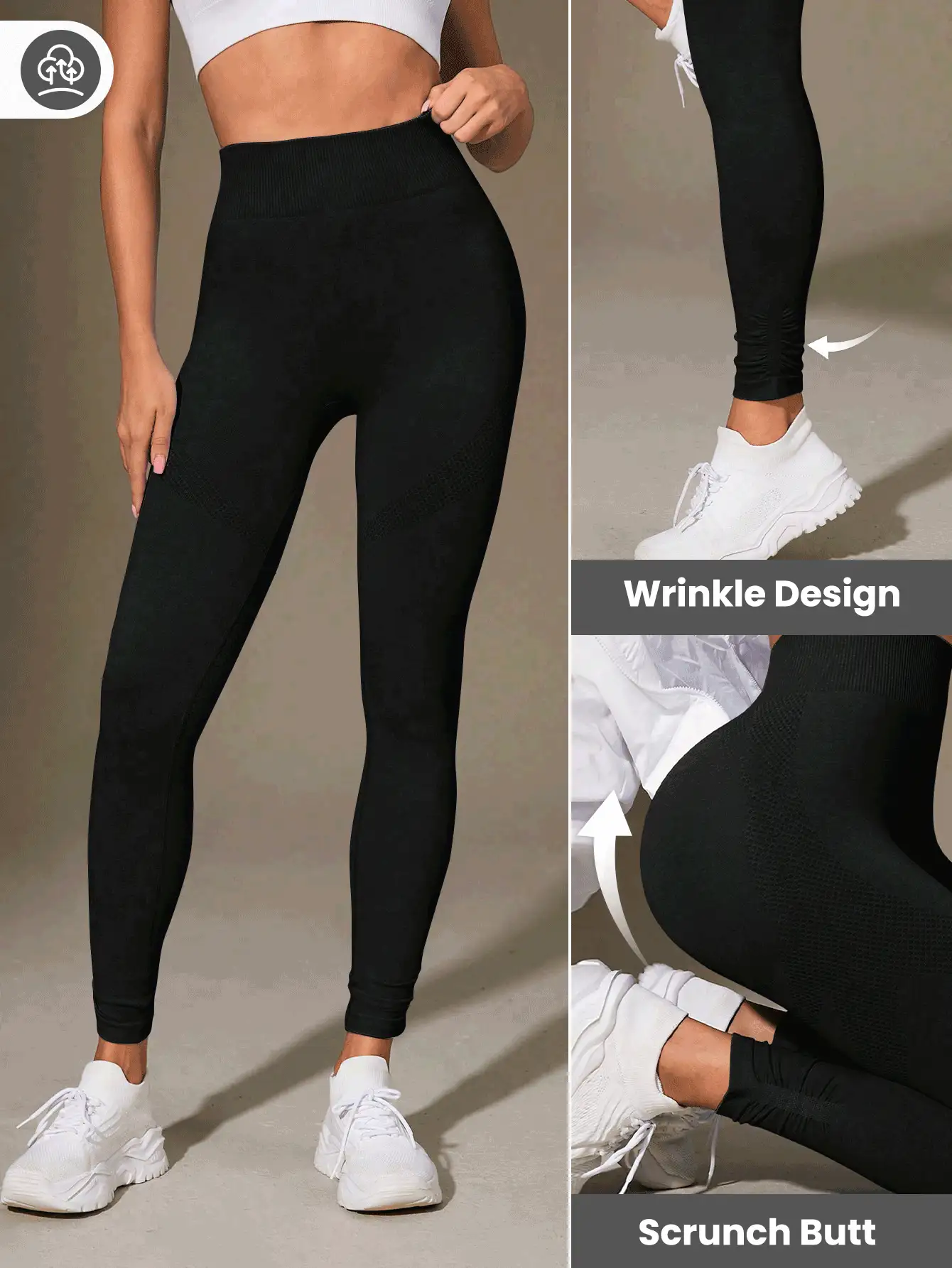 女士无缝高腰瑜伽紧身裤 - 运动跑步健身紧身裤，具有收腹、防摩擦、提臀和保暖功能 - 黑色 - 查看 3