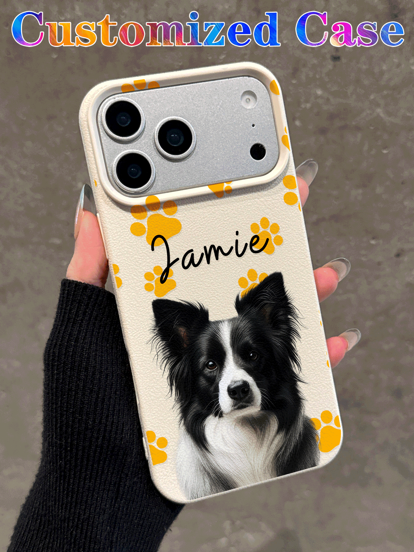 1pc Customized Pet Photo & Paw Print & Name Text Design Black Phone Case, Suitable For A14, A15, A13, A12, A55, A54, A21s, S21, S22, S23, S24 Ultra, Compatible With IPhone 11, 12, 13, 14, 15, 16 Pro Max - Apricot - View 2