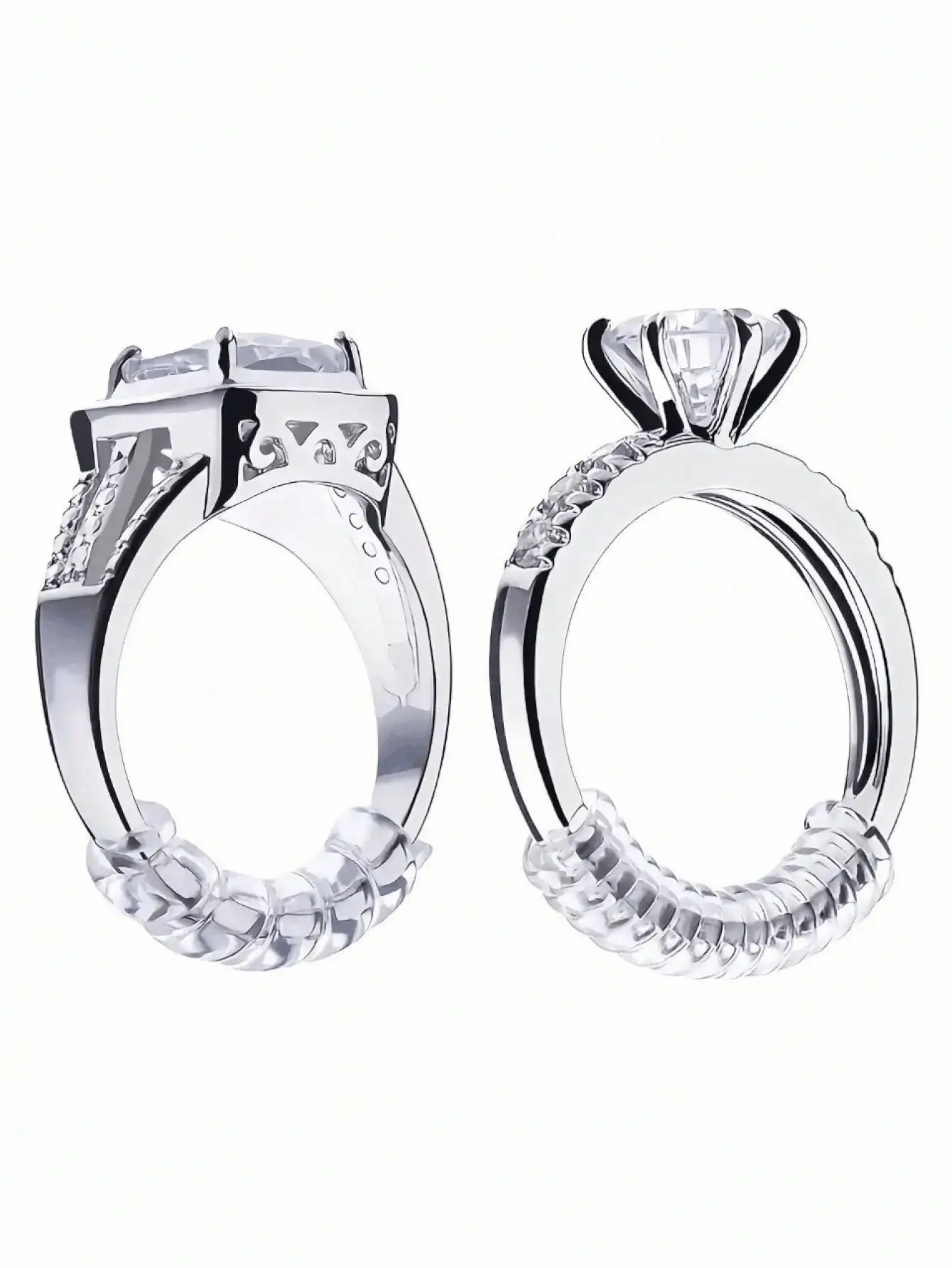 一套4个不同尺寸的戒指尺寸调节器，几乎适用于任何戒指。透明硅胶材质，隐形隔片，可轻松调节戒指尺寸，无需改变戒指本身大小。男女皆宜的珠宝配饰。