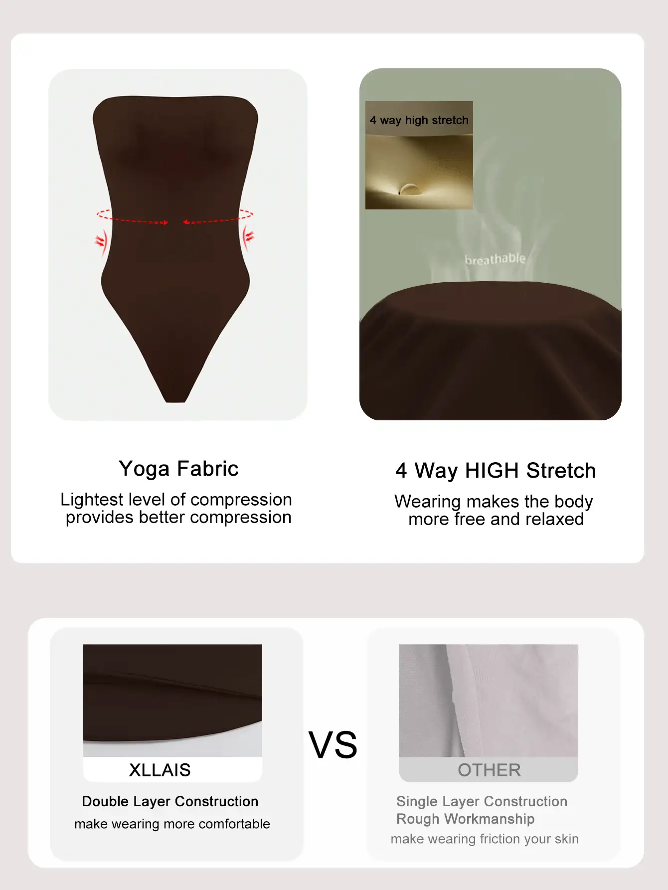 XLLAIS Women's Summer White & Brown Elastic Double-Layer Fabric Casual Bodysuit, Minimalist Style For Daily Wear & Holiday