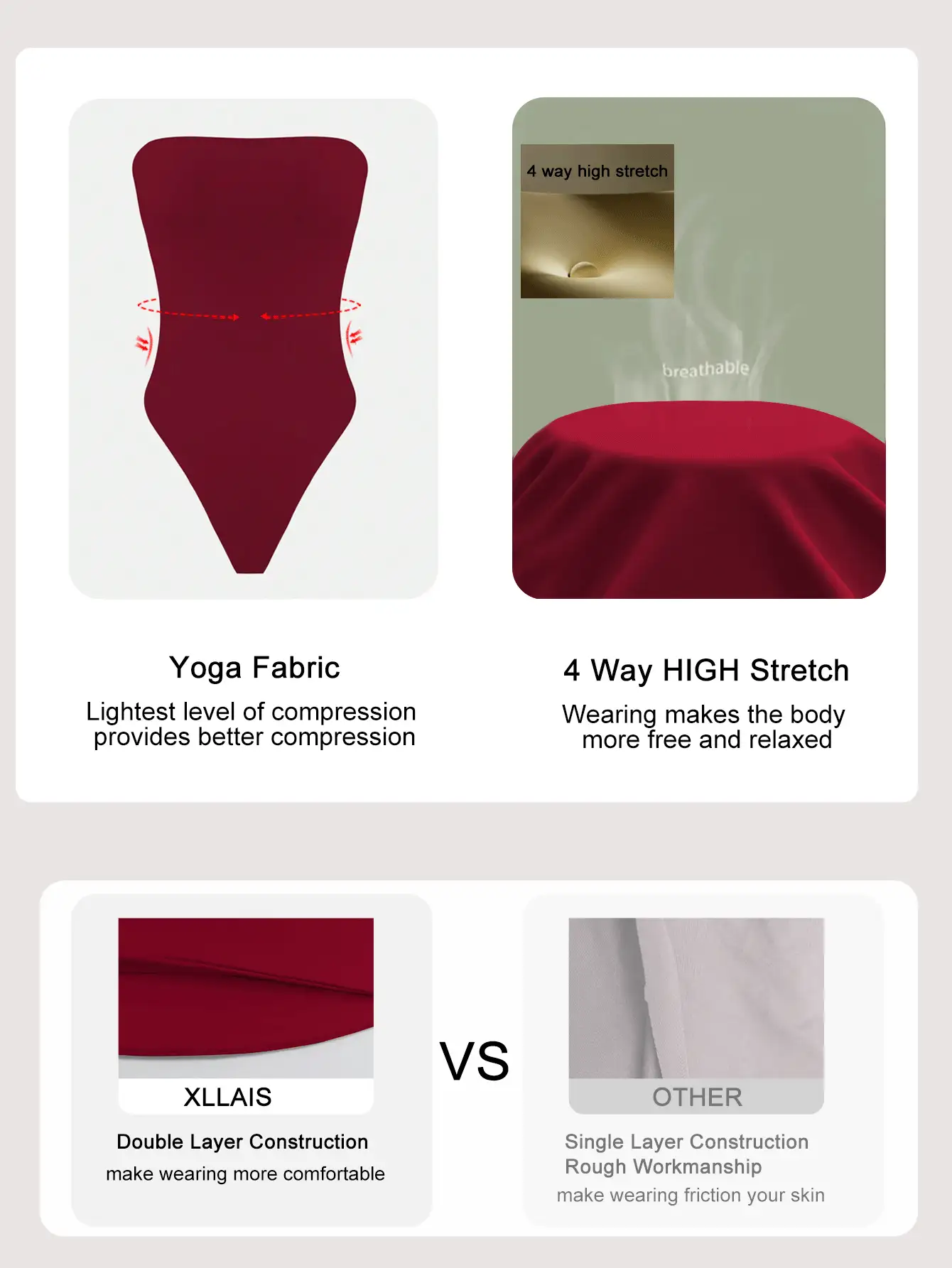 XLLAIS 夏季白色高弹双层布料抹胸连体衣，女士休闲日常简约假日风，圣诞红 - 酒紅色 - 查看 7