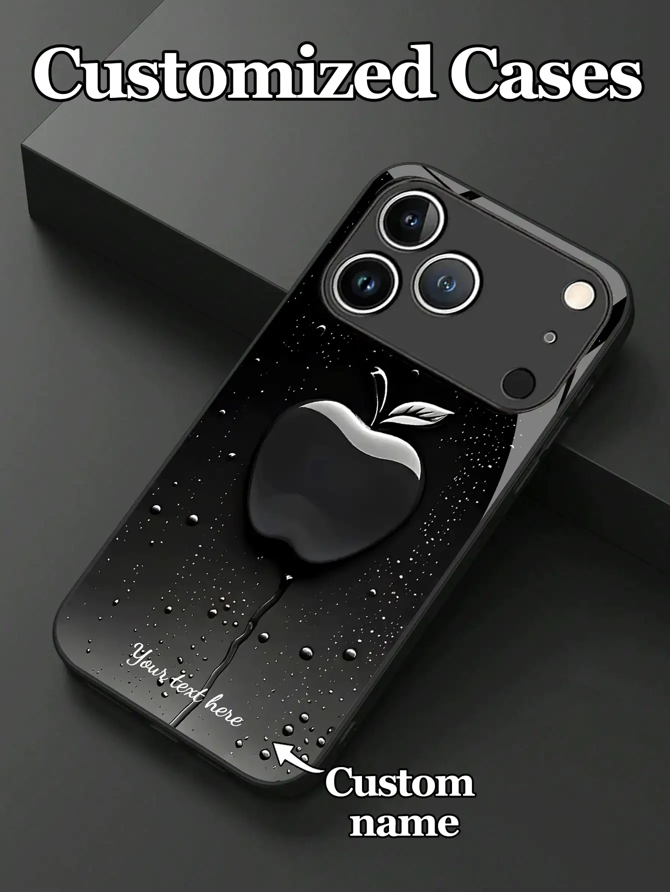 1 szt. personalizowane etui ze szkła hartowanego z motywem kropli wody i wzorem Apple, kompatybilne z 17 ProMax/17AIR/16 ProMax/15 Pro/14 Plus/13 Pro/12 Pro Max/11/Xs Max/8/7/6 Plus, S24 Ultra/S25 Ultra/Redmi K40S, spersonalizowany prezent dla przyjaciół i rodziny - Czarne - Zobacz 2