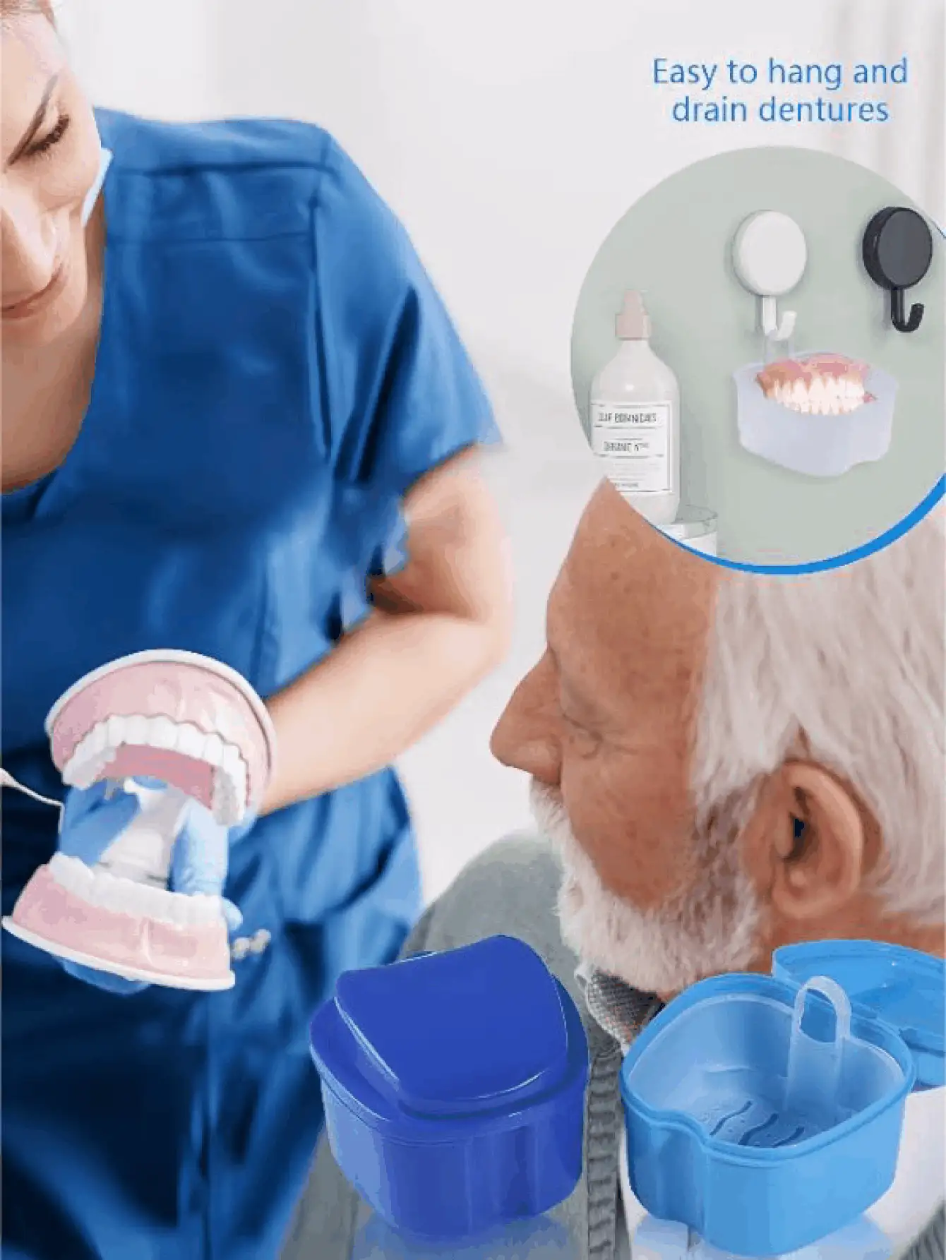 苹果形塑料假牙收纳盒，带滤篮和盖子，方便清洁和存放假牙。便携式假牙容器，防漏设计，适合男女旅行、浴室、宿舍及日常使用。牙科器械旅行必备浴室配件。 - 彩色 - 查看 3