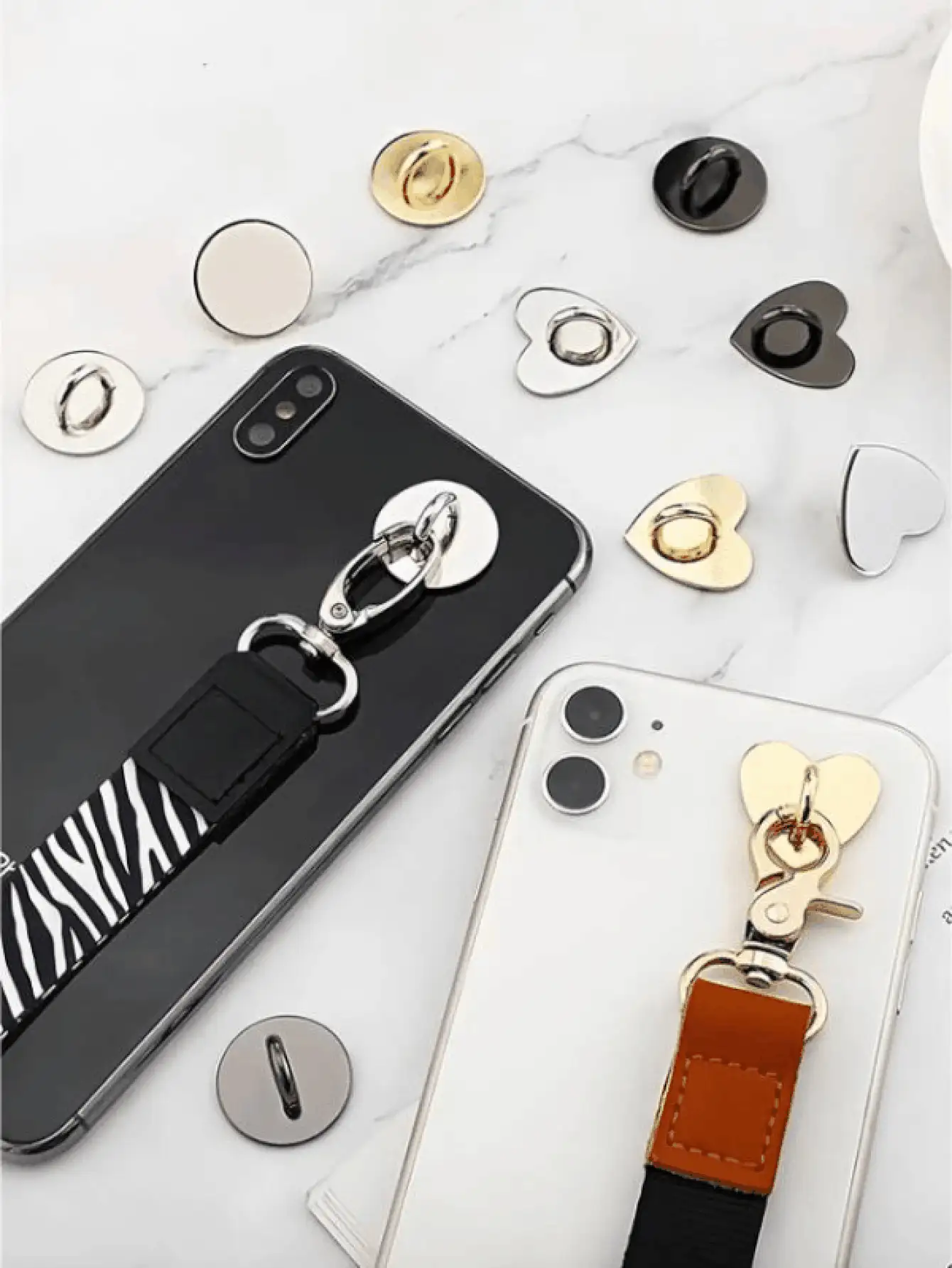 Supporto ad anello a forma di cuore per telefono, con retro adesivo, compatibile con la maggior parte delle custodie per telefono, supporto durevole per dita per smartphone, tablet, portachiavi, borse, cinture, cordini, bracciali e collane, accessori per telefono fai-da-te, forniture per appendere - nero - Visualizzare 3