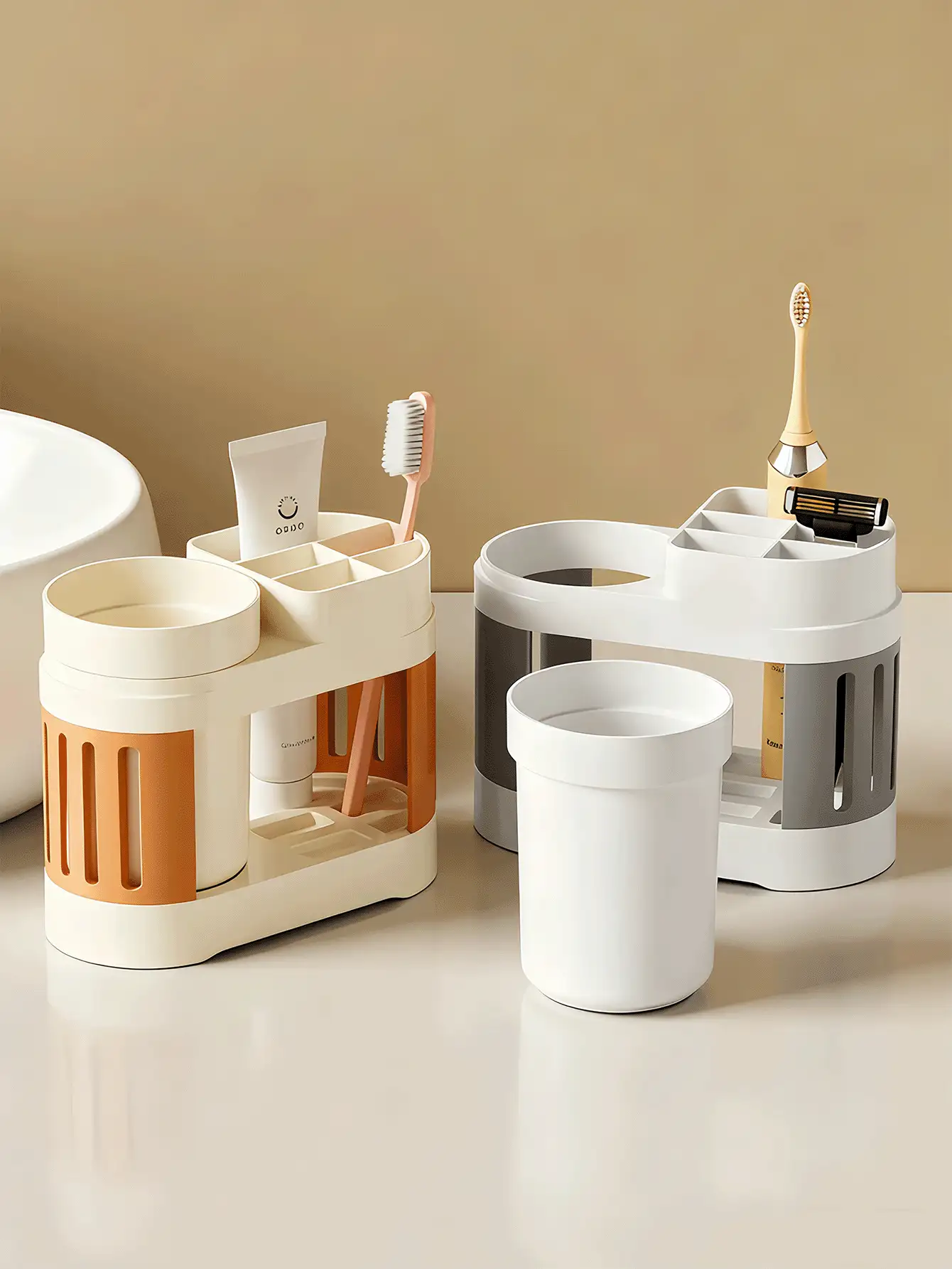 Toothbrush Holder And Toothpaste Holder Set With Drain - Perfect For Bathroom Storage And Organization, Modern Toothbrush Holder With Dual Cups, Toothbrush And Mouthwash Cup Set, Space-Saving Bathroom Organizer For Toothpaste & Brushes, Toothbrush Holder Set, Home Decor, Toothbrush Organizer, Gargle Cups, Bathroom Accessories, Ramadan Items, Valentine Gift, Galentines, Bathroom Essentials - Multicolor - View 3