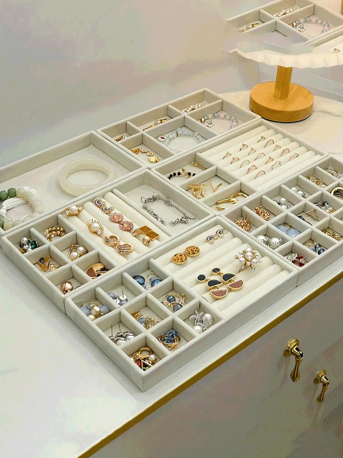Stackable Velvet Jewelry Tray Storage Box, Drawer Organizer Box, Jewelry Drawer Lining Storage Box Display Case, Can Store Earrings, Necklaces, Rings, Bracelets, With Removable Dividers, Gift For Women, Women's Organizer Box, Travel Essential, Back To School Essential - Multicolor - View 3