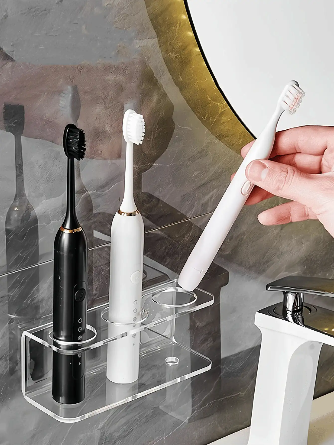 Wall-Mounted Electric Toothbrush Holder, No Drilling Design, Easy To Clean, Compact Size, Space-Saving, Multi-Function Storage Rack For Toothbrush, Toothpaste, Cosmetics, Bathroom Decor, Bathroom Storage, Home Decor - Gravel Toothbrush Holder/comb Holder - View 3