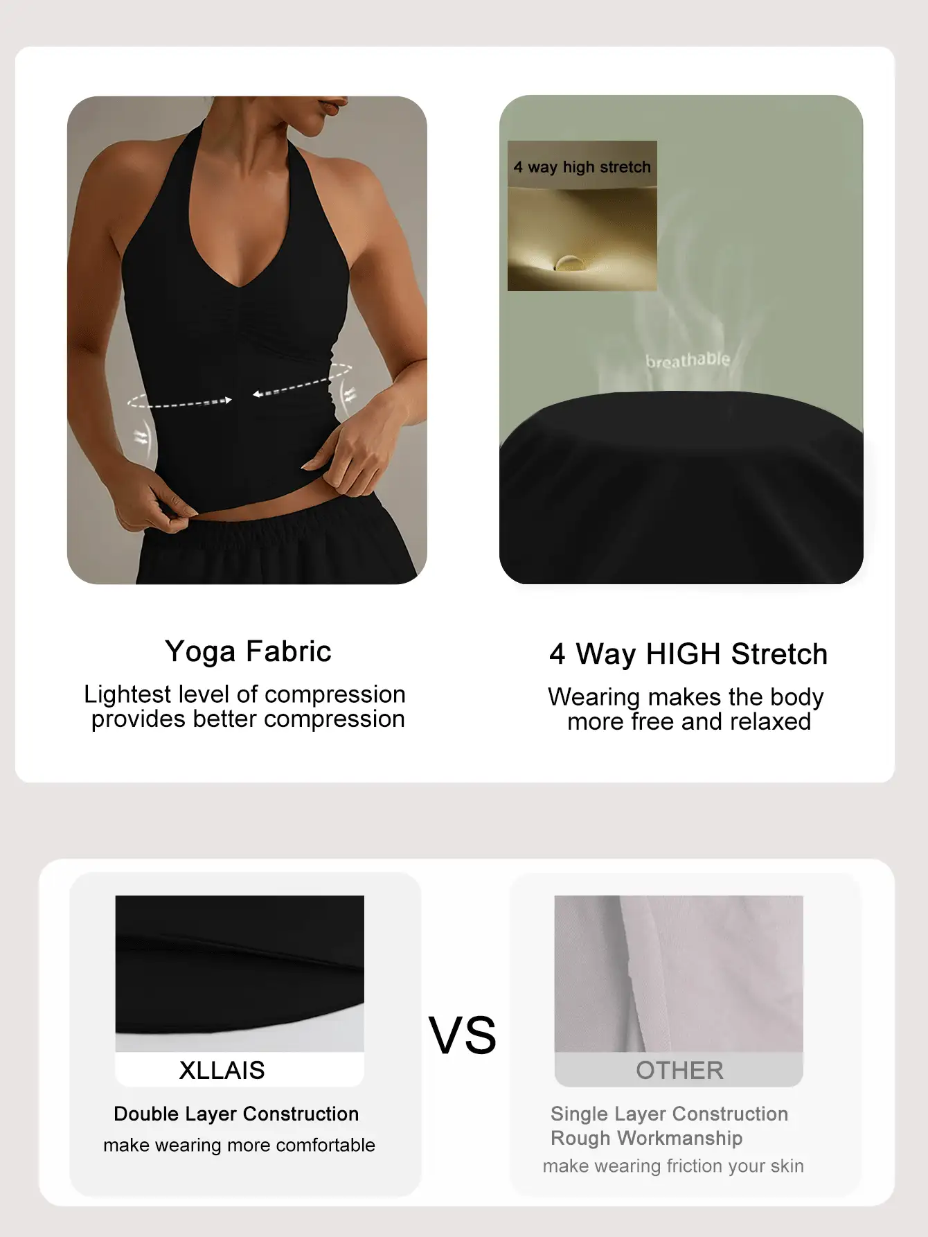 XLLAIS 性感露背褶皱V领极简吊带背心，休闲黑色修身街头风，适合日常和度假穿着，夏季百搭 - 黑色 - 查看 6