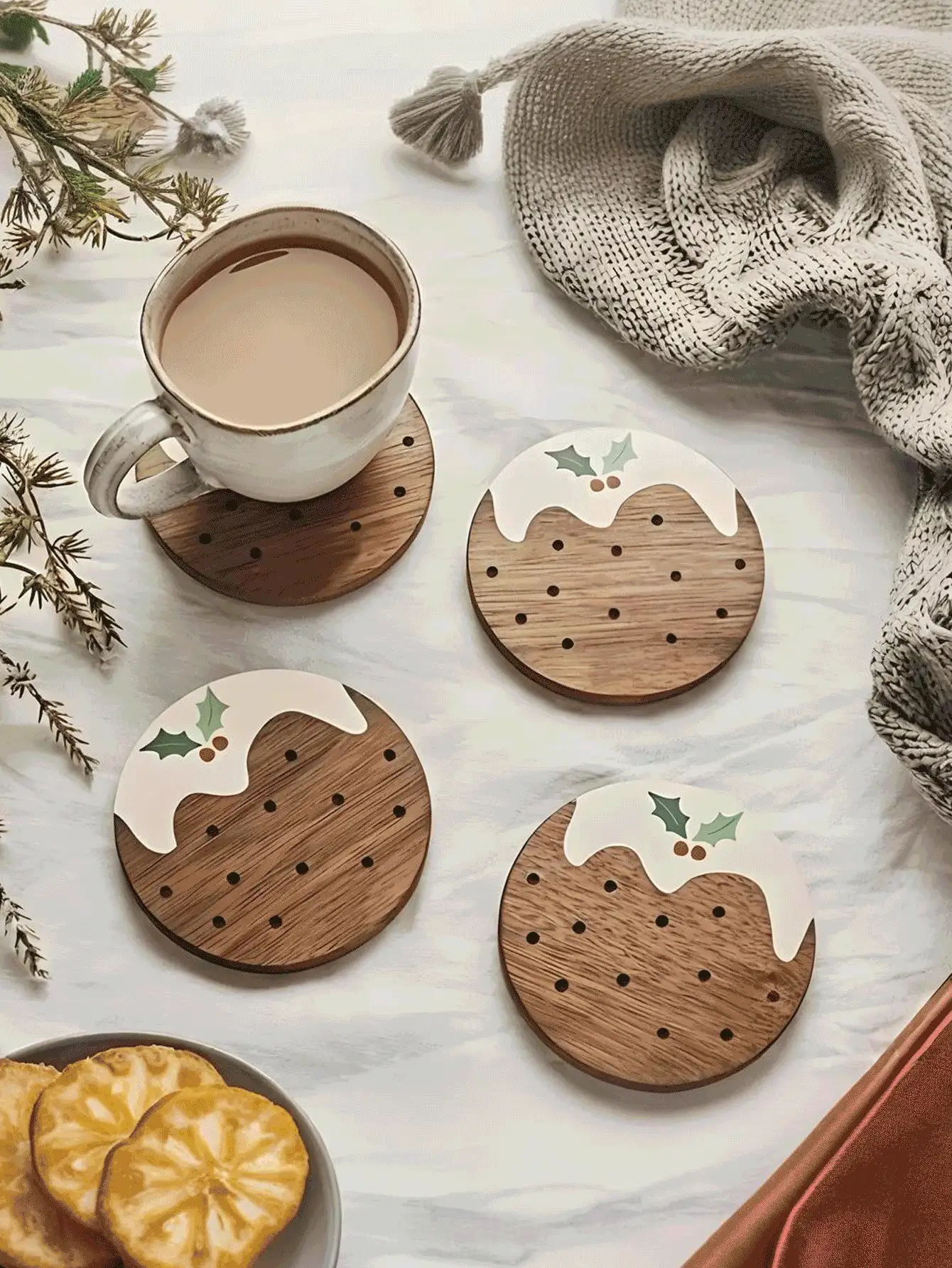 Pudding Wooden Coasters, Home Decor Coasters - Lightweight, Premium-Feel Coasters & Tea Coasters. Ideal For Home, Office, Cafe, Tea Room Decor, Dining Table Accents, Restaurant Styling, Or Gifts.