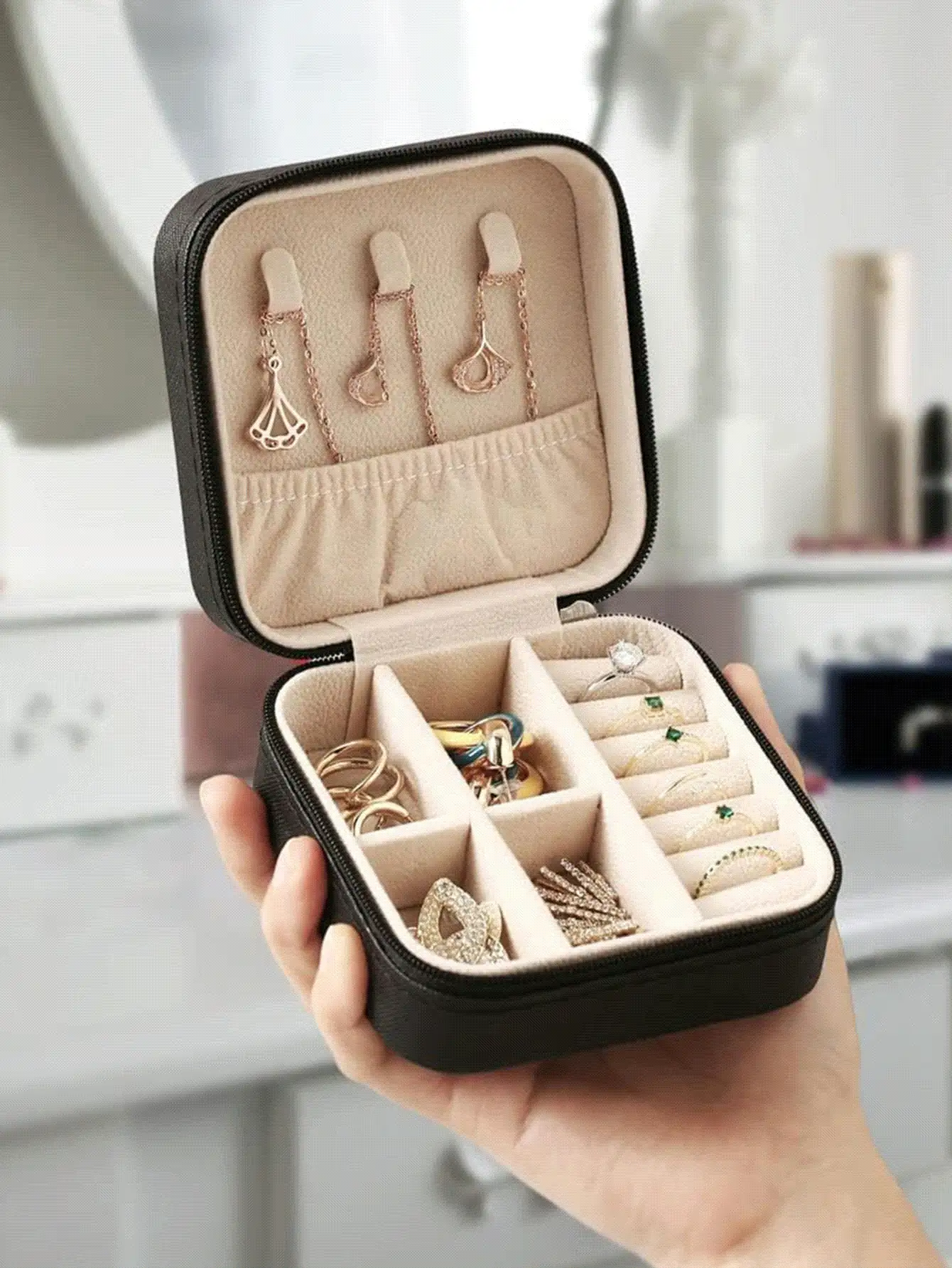 Hộp đựng trang sức nhỏ gọn, hộp trang sức du lịch mini có khóa kéo dùng để đựng bông tai, nhẫn, dây chuyền, mặt dây chuyền, đồng hồ, son môi và các loại trang sức nhỏ khác, phụ kiện du lịch, quà tặng cho phù dâu, hộp trang sức mini du lịch cho bé gái/phụ nữ, trang trí phòng. - Nhiều màu - Xem 3